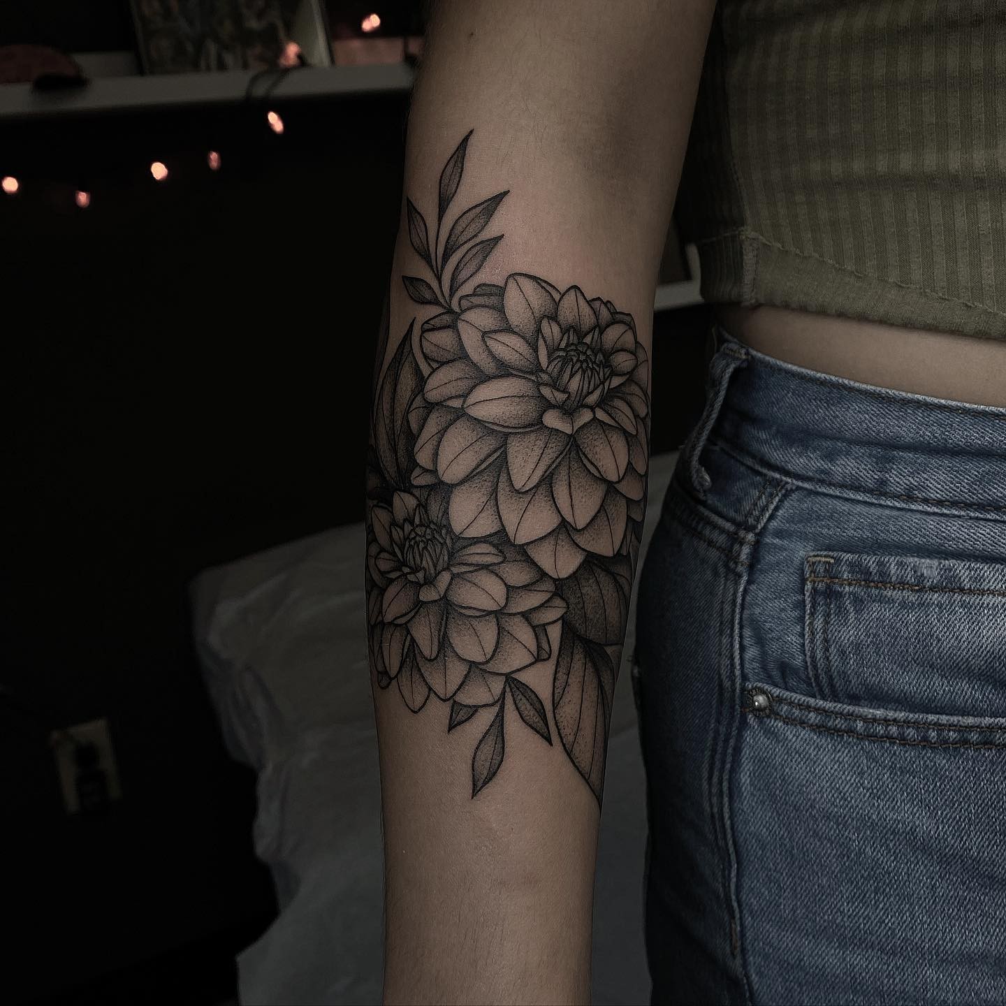 Detailed Black Ink Dahlia Tattoo