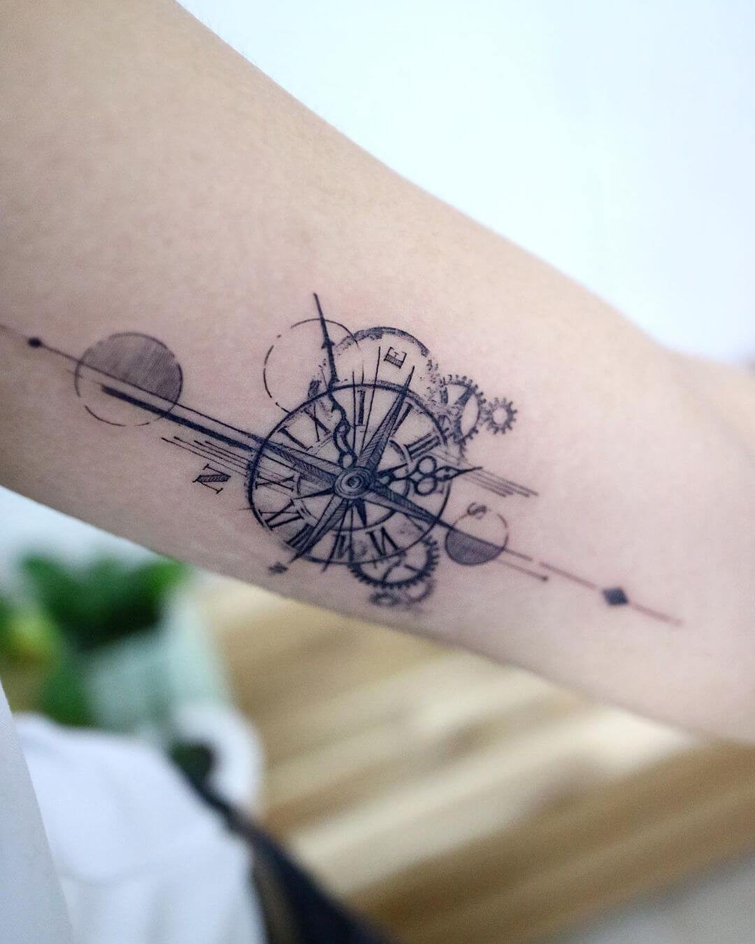 Clock And Compass Tattoo