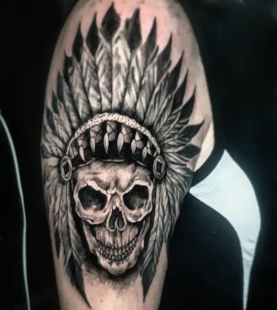 Blackwork Indian Skull Tattoo