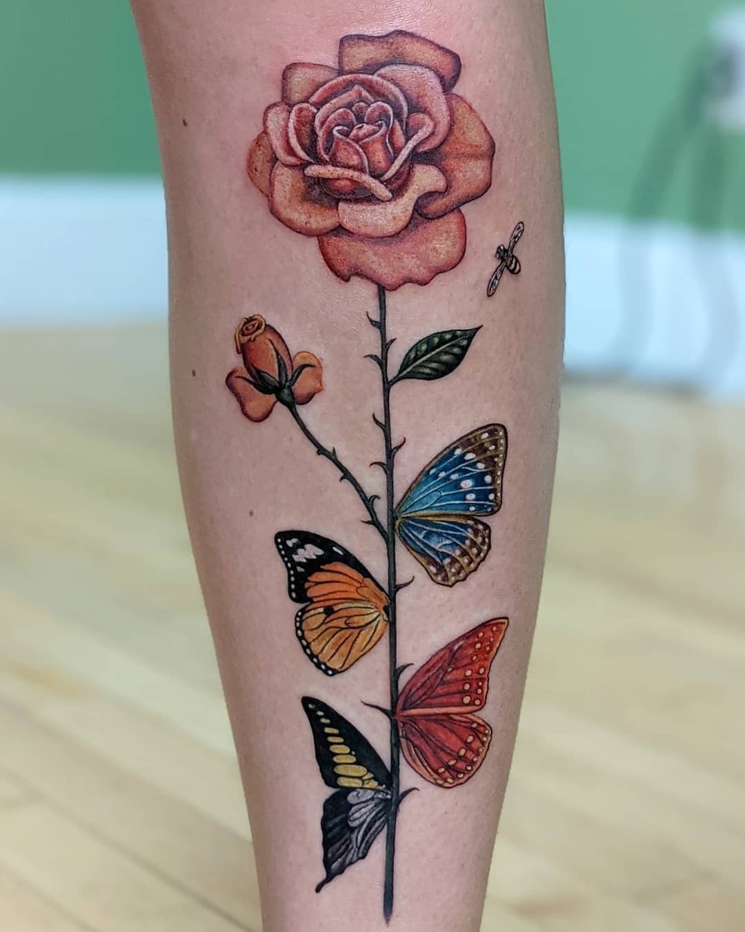 Pink Butterfly Tattoo With Rose