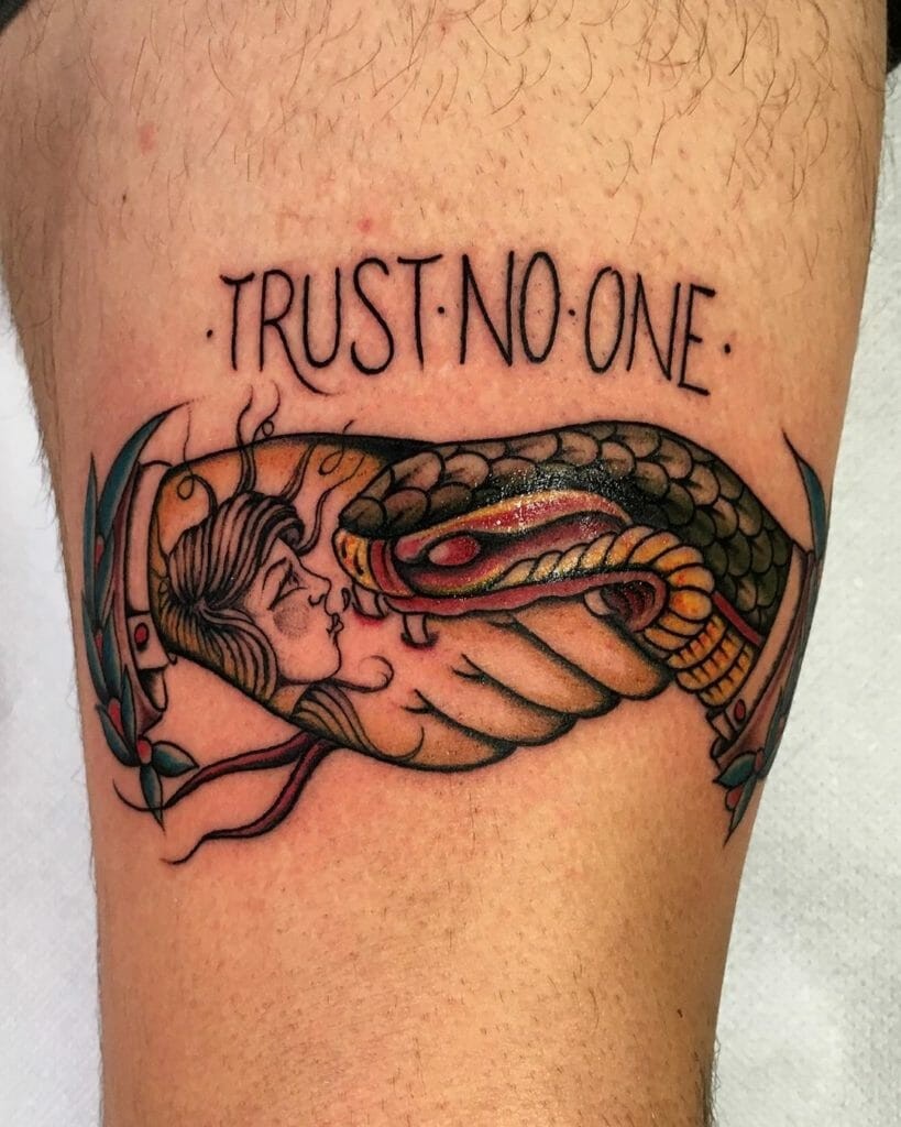 Snake And Trust No One Tattoo Hand With Girl Tattooed Body Art Ideas For Men