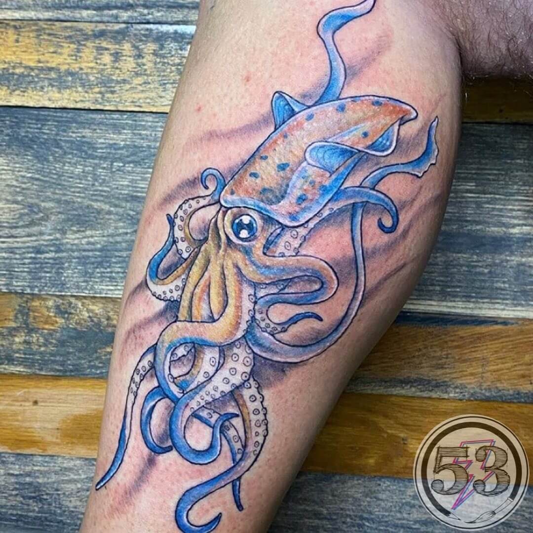 Dainty Squid Tattoos Bright Blue And Yellow Squids Running Best Arm Tattoo Idea