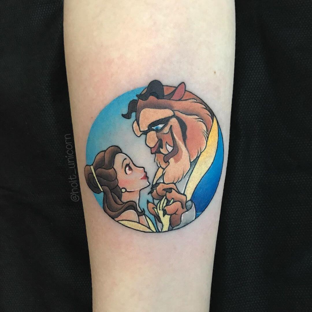 Colorful Circular Disney Tattoo Beauty And The Beast Animated Tattoo To Get On Forearm