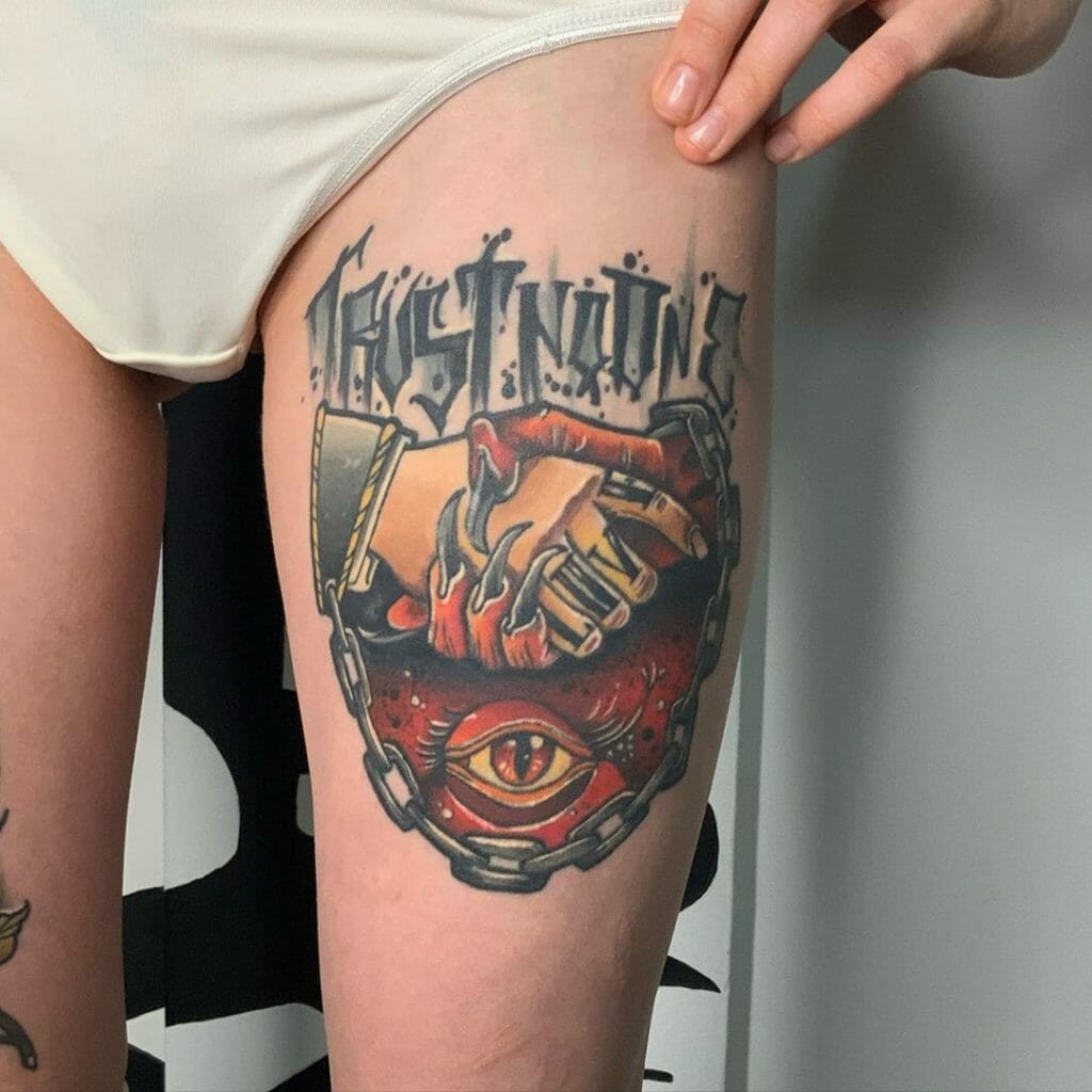 Bright Red Tattoo Deal With The Devil Handshake Trust Tattoos Thigh Placement