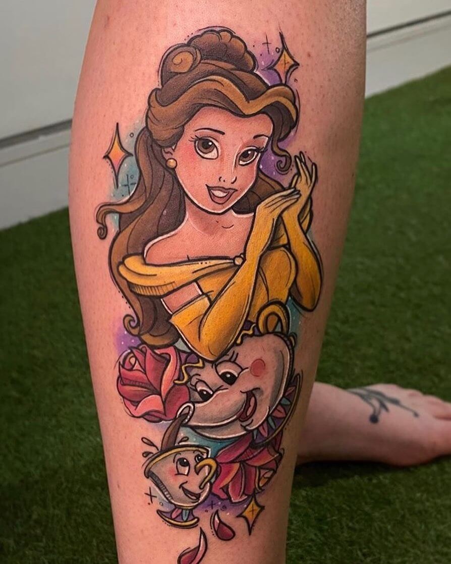 Colorful Disney Tattoos Beauty Belle Mrs. Potts And Chip Enchanted Rose Tattoo Design