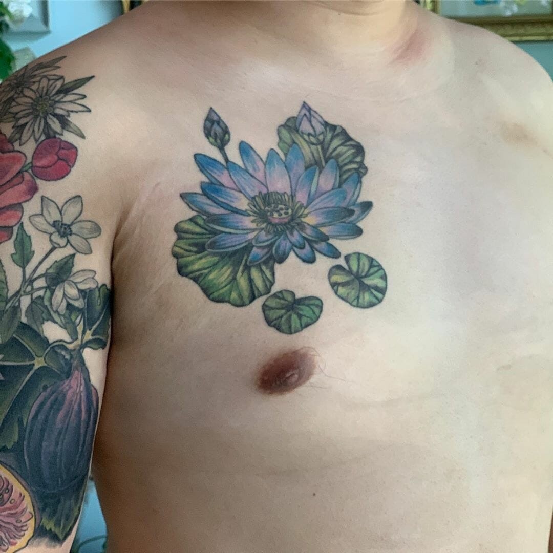 Blue Ink Lotus Flower Chest Tattoo