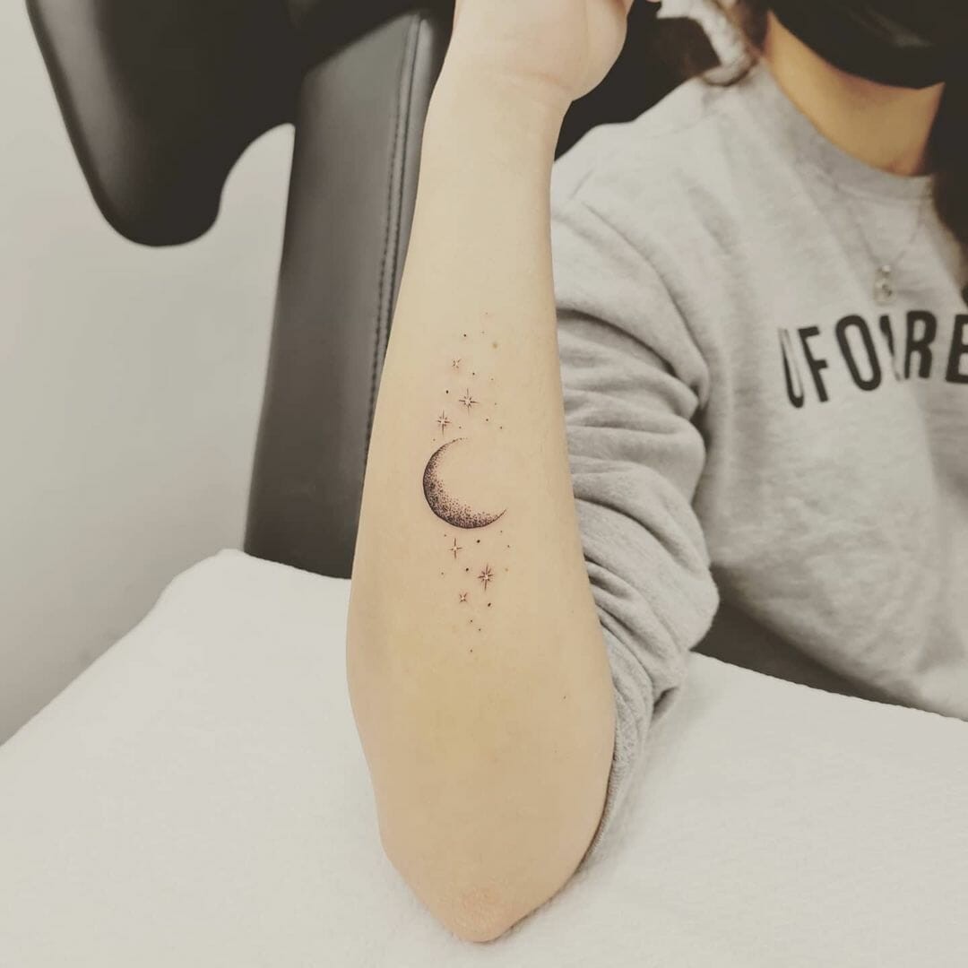 Minimalistic Crescent Moon And Stars Tattoo Design