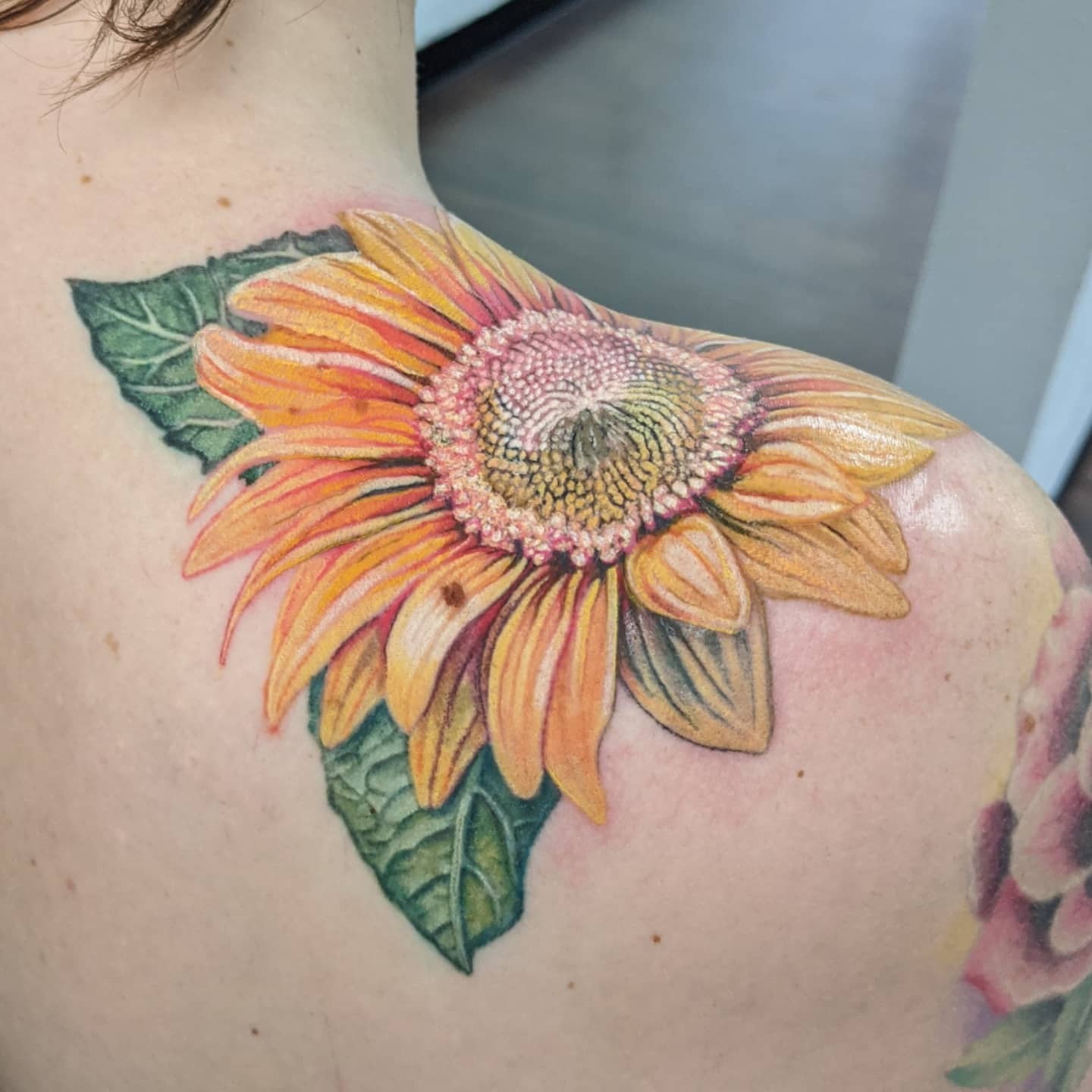 Realistic Sunflower Tattoo On Shoulder