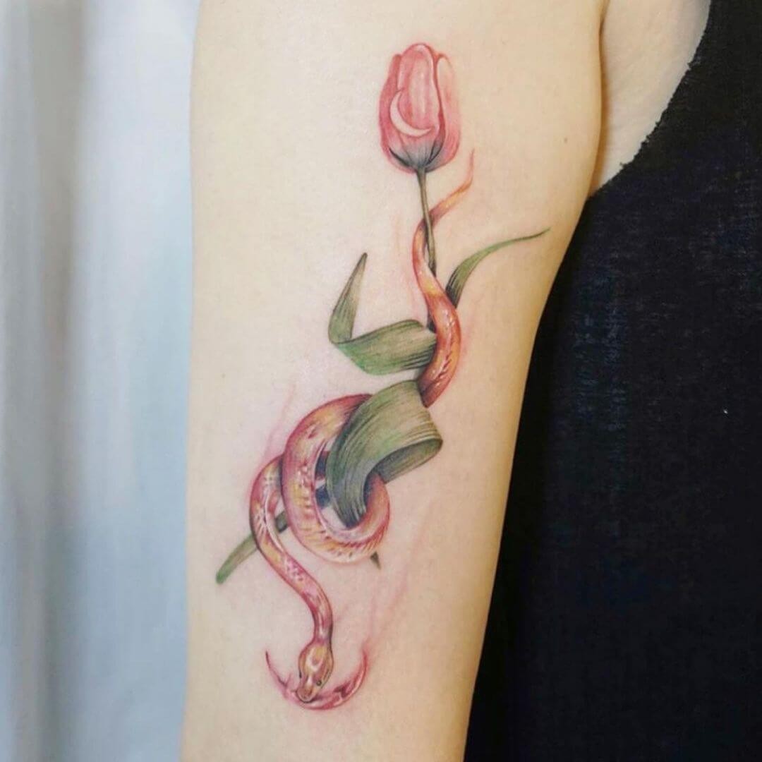 Simple Snake And Flower Tattoo