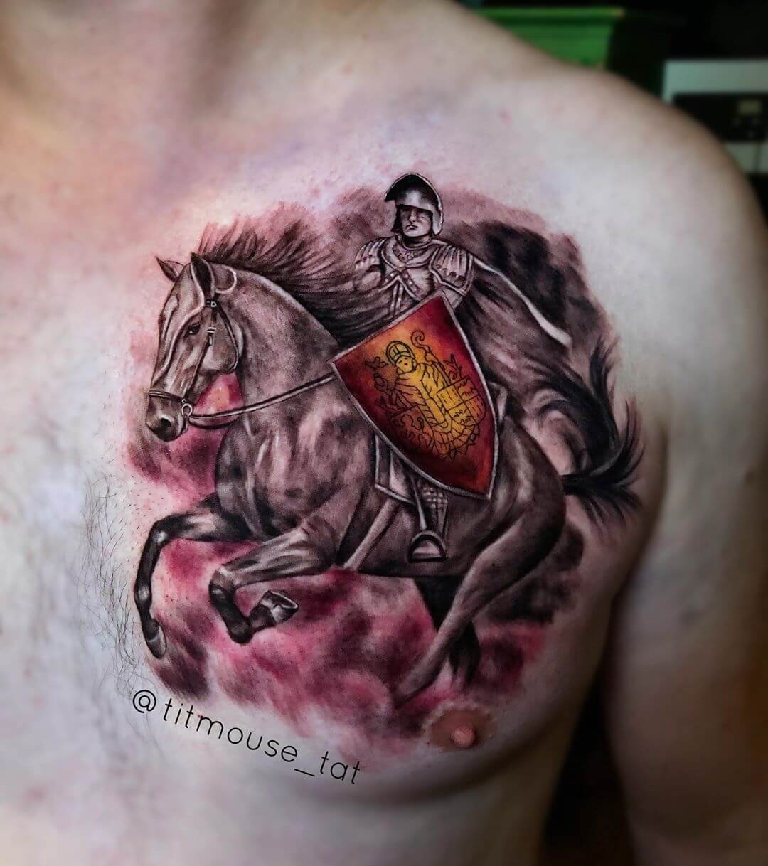 Knight Tattoos For Men Templar Knight Riding Horse With Shield Warm Ink Chest