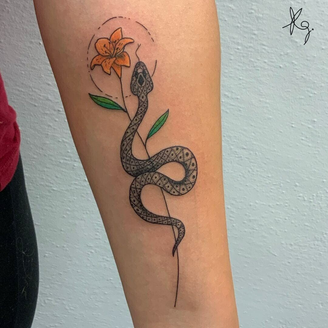 Tiger Lily Flower Tattoo With Snake Tattoo Design