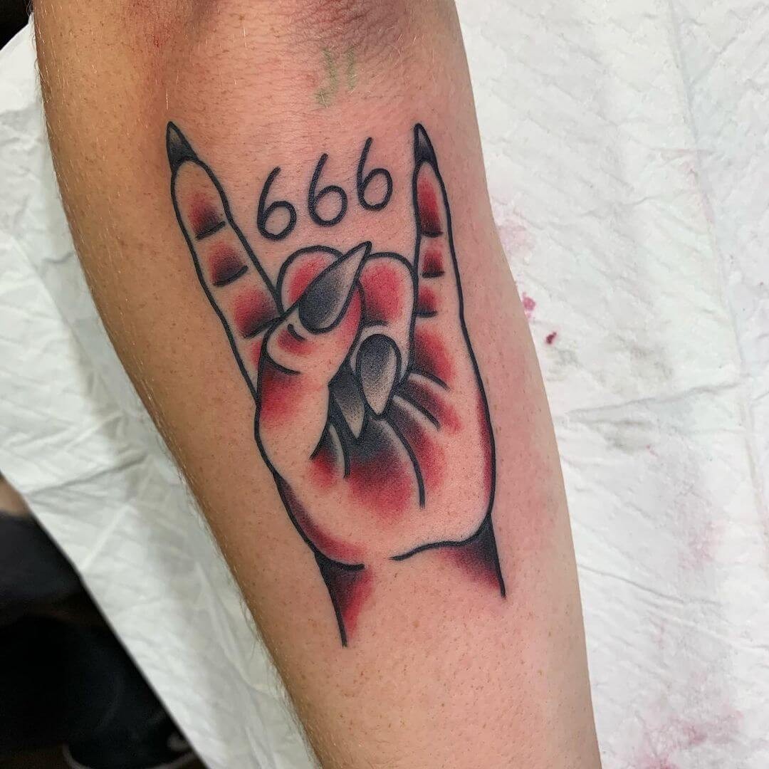 Horns Up 666 Tattoo For Metal Music Lovers