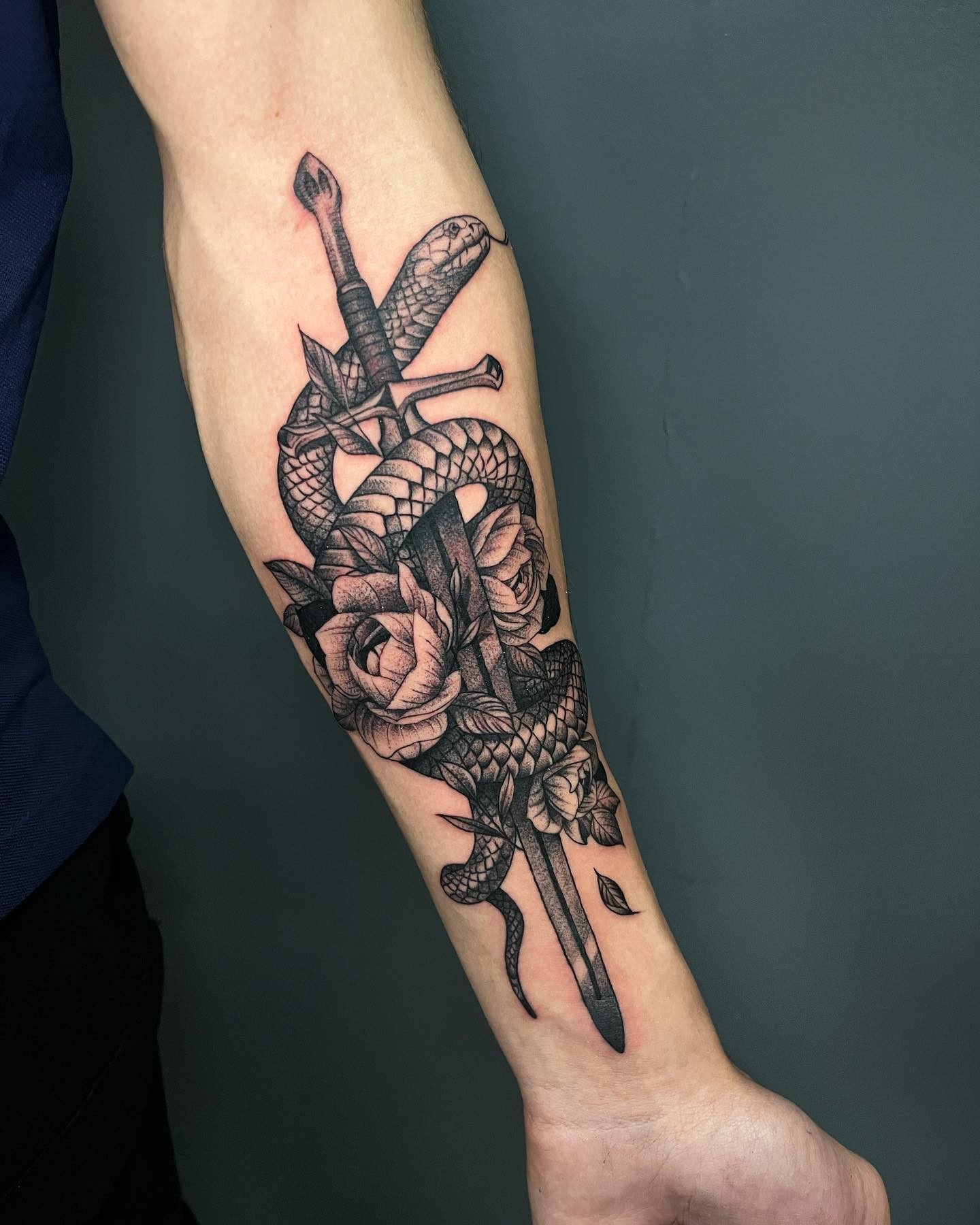 Black Bold Snake Sword Tattoo