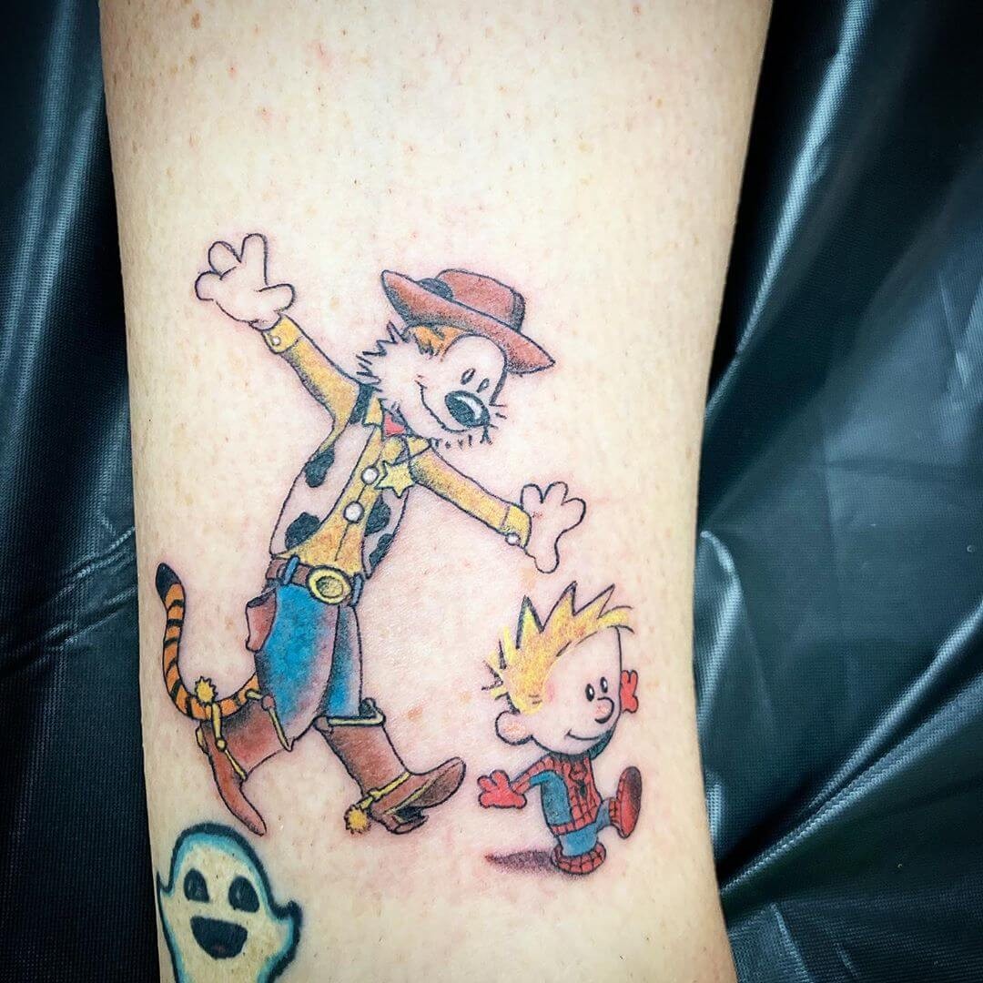 Comic Strip Calvin and Hobbes Tattoos One In The Cowboy And Spiderman Costumes