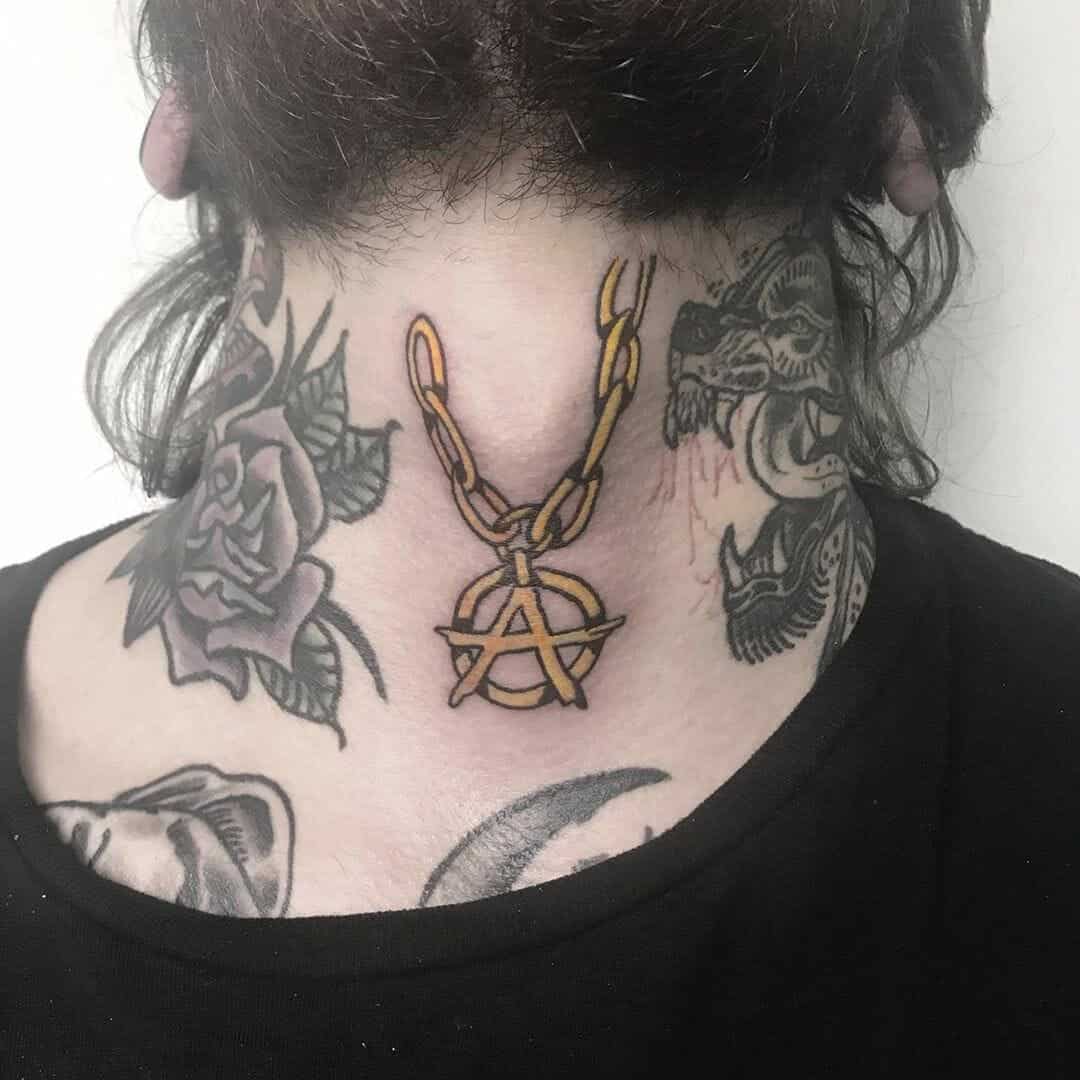 Golden Chain With Encircled A Back Of The Neck Anarchism Tattoo Symbol Design