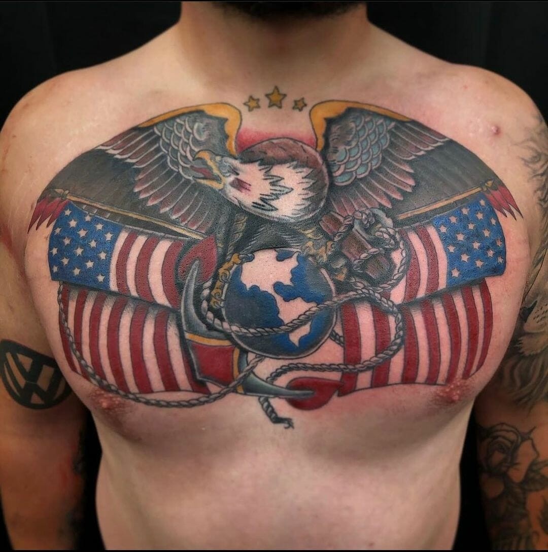 Eagle Globe And Anchor Chest Tattoo