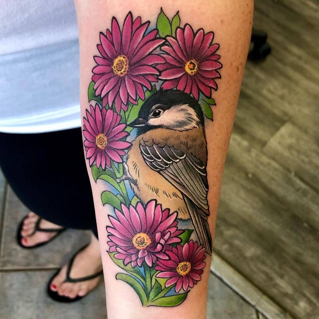 Fluffy Watercolor Chickadee tattoo