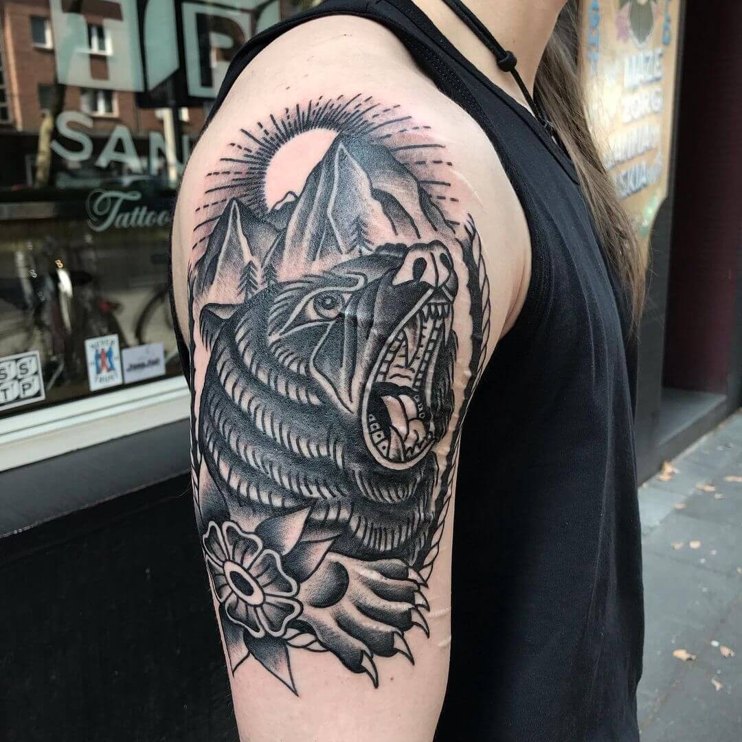 Monochrome Bear Tattoo With Mountain