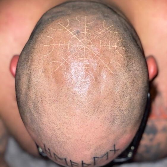 White Ink Scalp Tattoos For Men Large Viking Symbol Helm Of Awe Tattoo Design