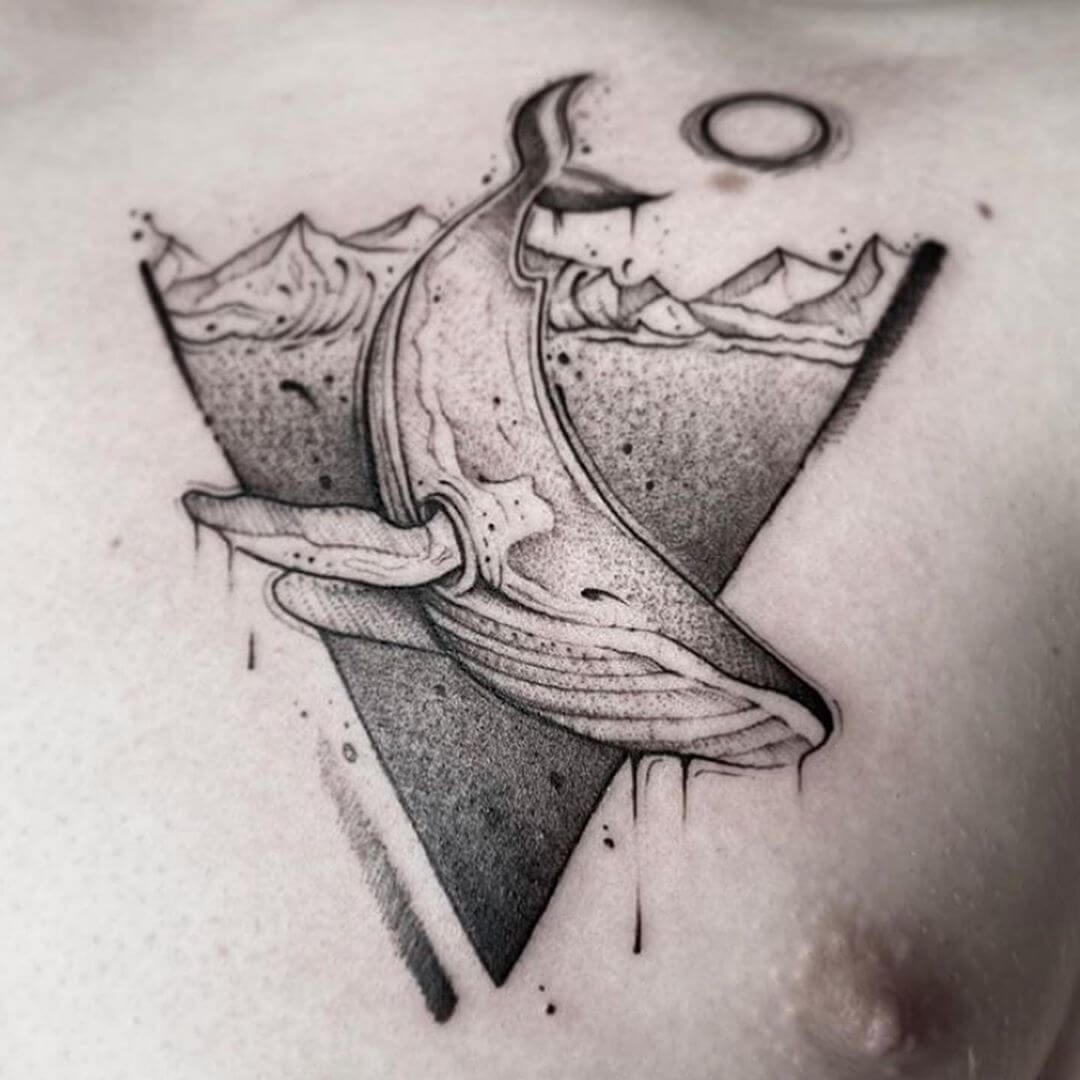 Humpback Whale Dotwork Triangular Chest Tattoos Ideas For Men In Black