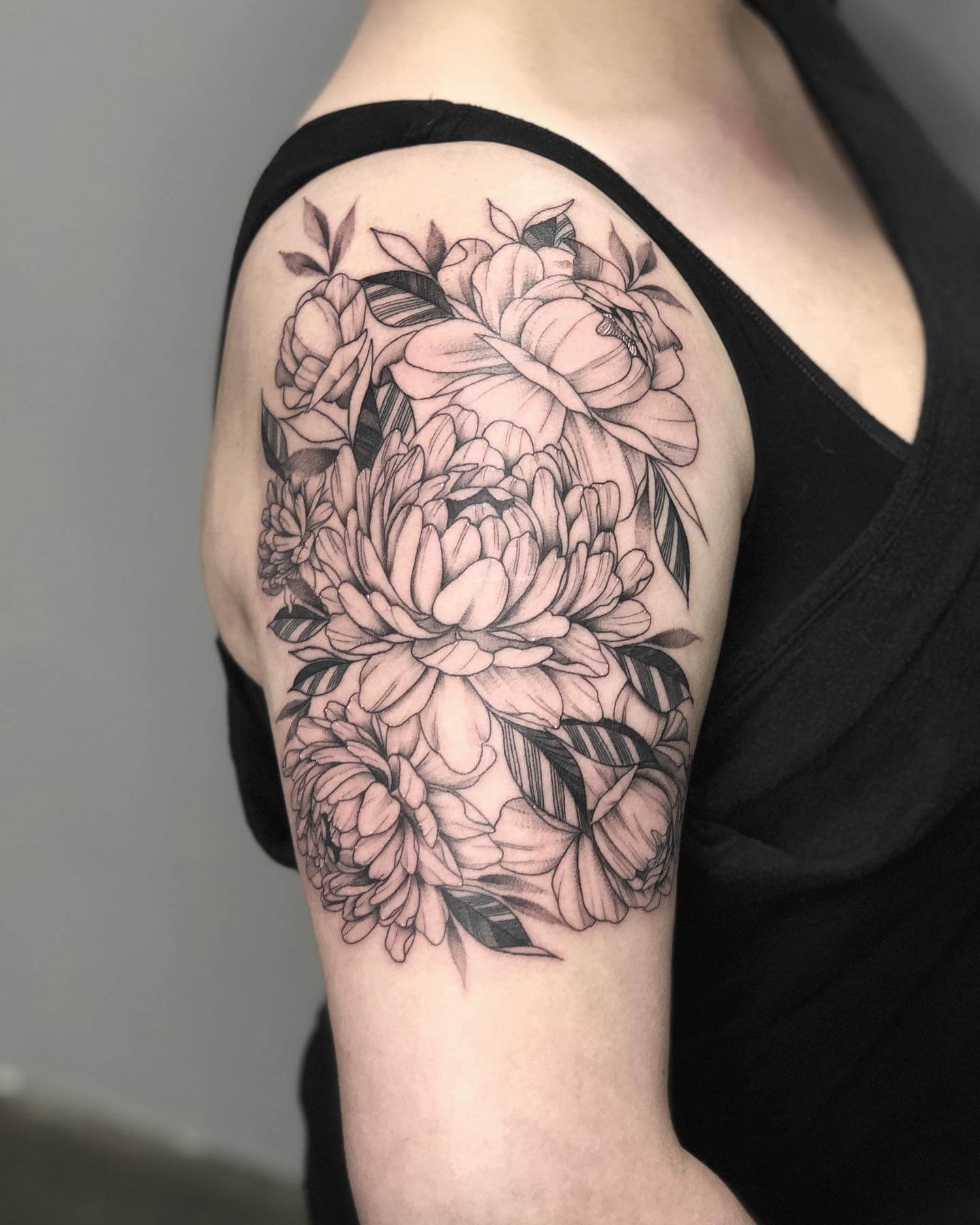 Upper Arm Intricate Dahlia Tattoo