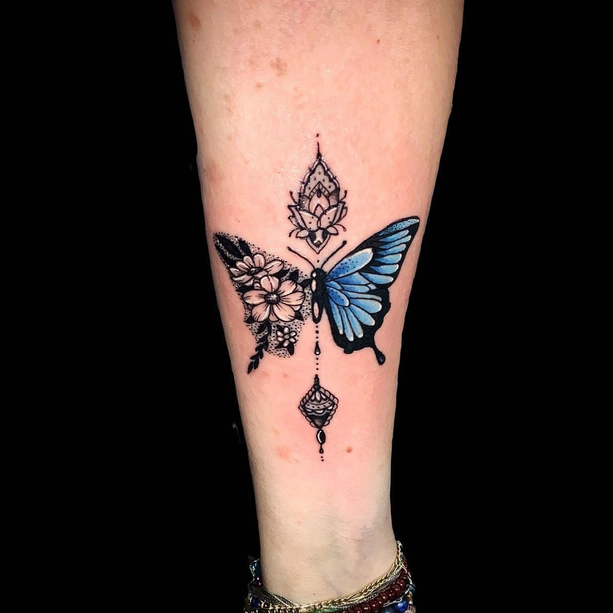 Blue Butterfly With Flowers Tattoo Drawing