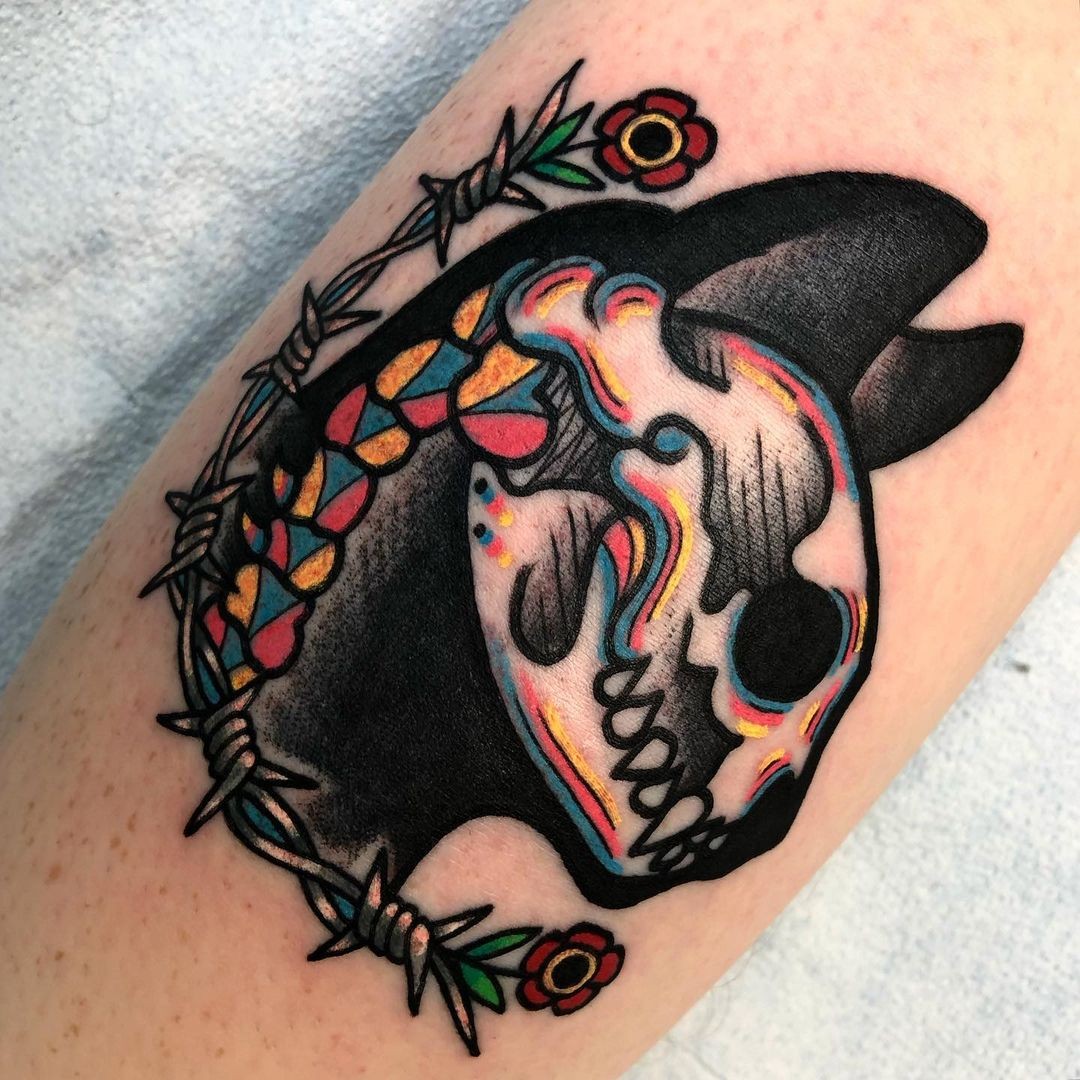 American Traditional Cat Skull Tattoo