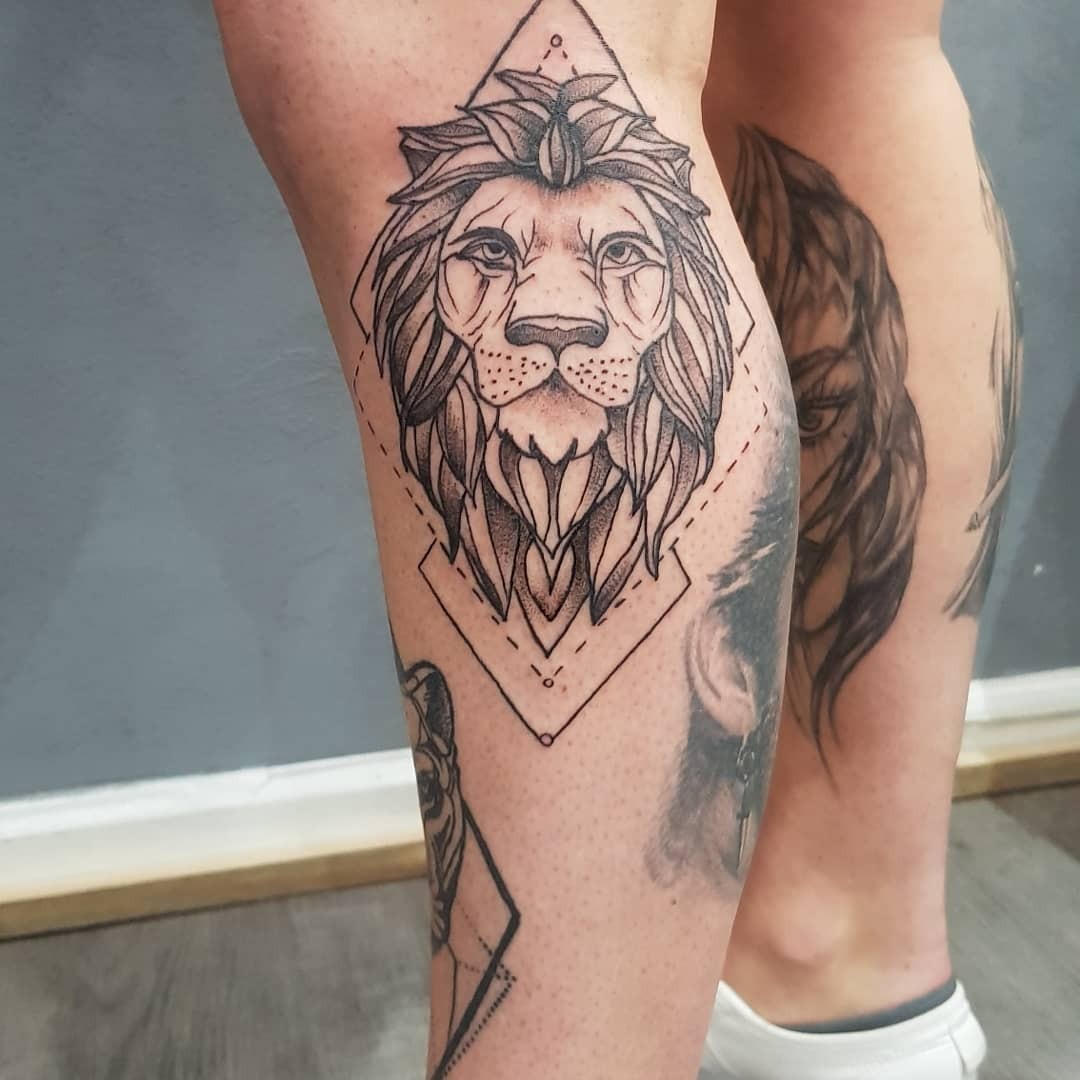 Geometric Lion Tattoo On Calf