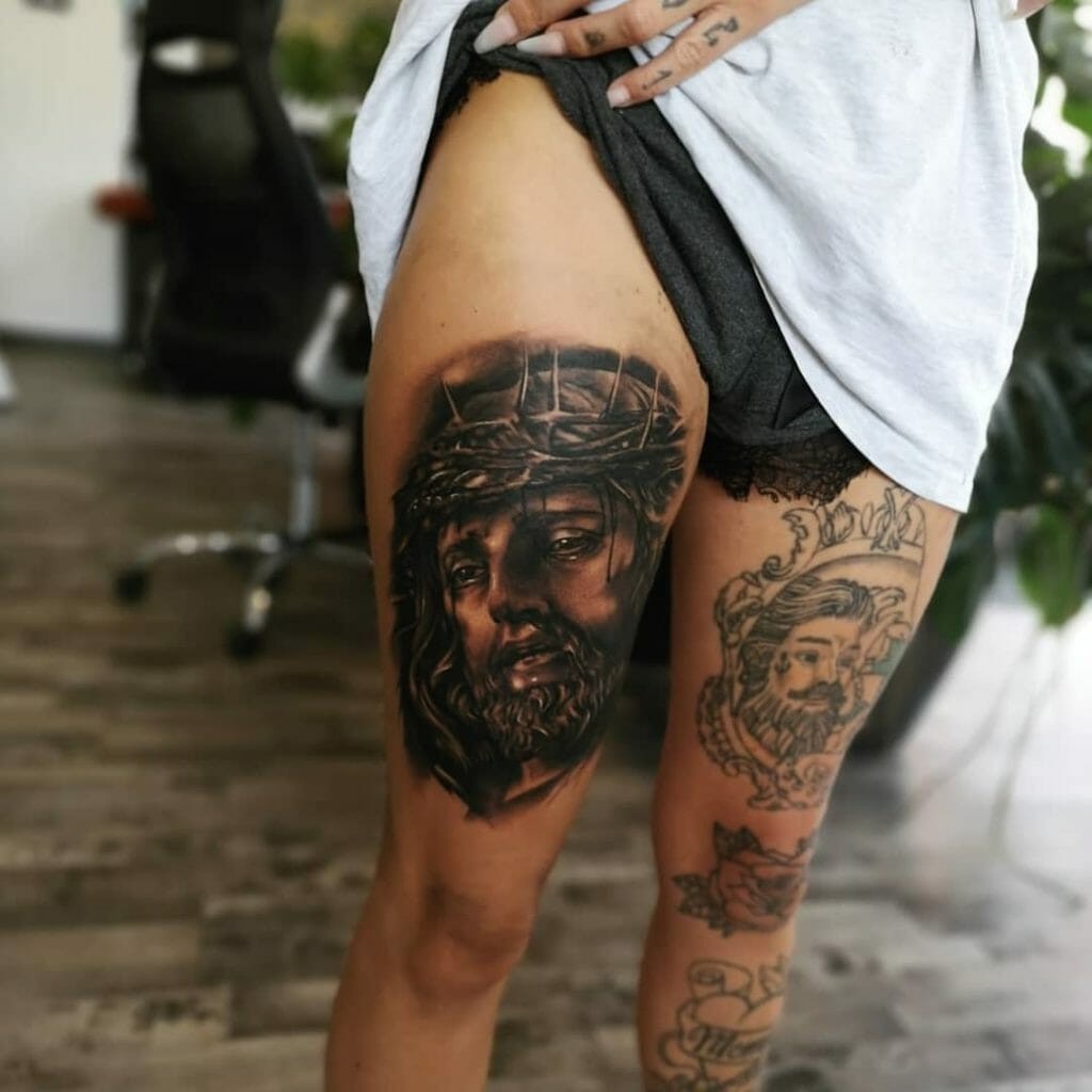 Jesus Face Tattoo On Leg