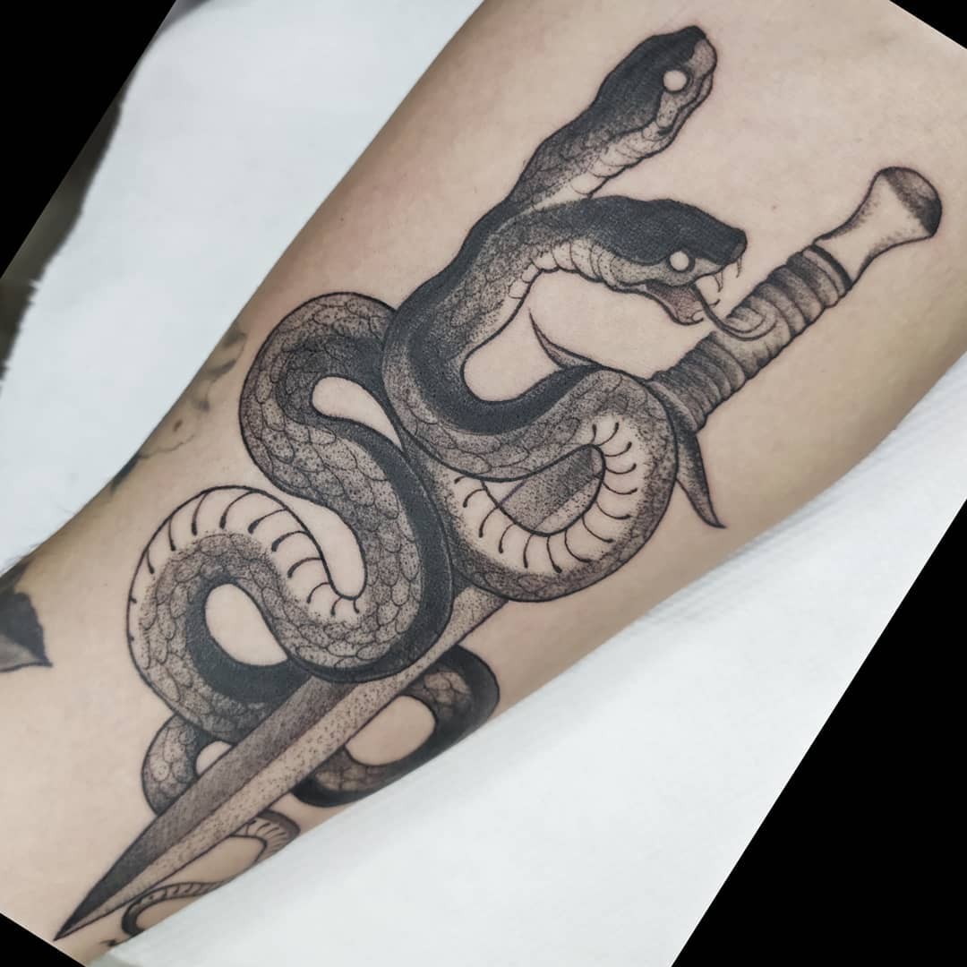 Two-Headed Snake Tattoo With Sword