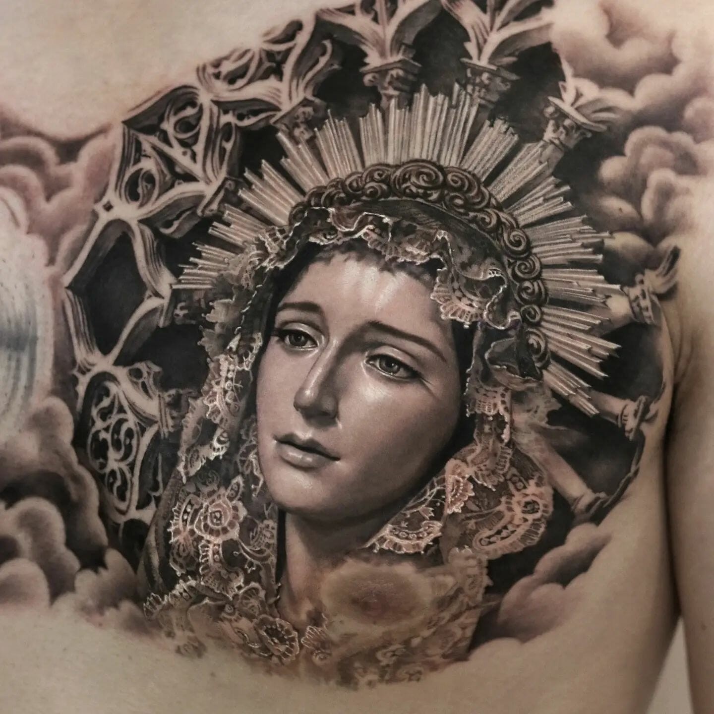 Catholic Mother Mary Tattoo On Chest