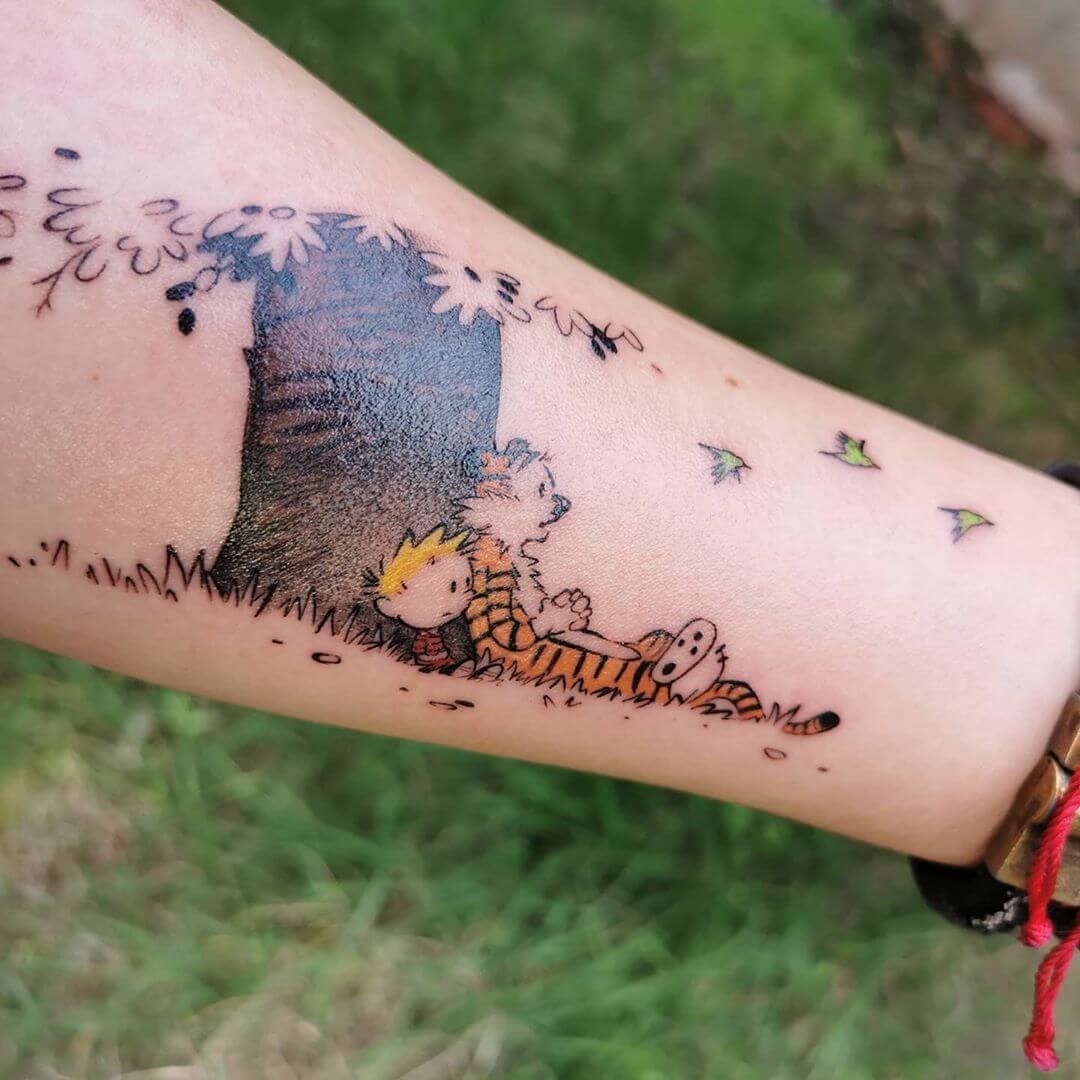 Calvin Hobbes Tattoo Chilling Under The Tree Design In Color Forearm Placement