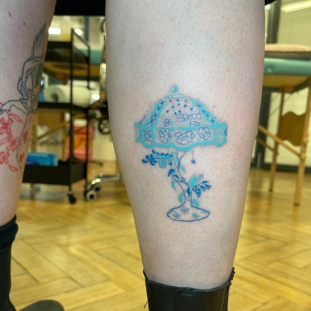 Blue Floral Lamp Line Art Tattoo