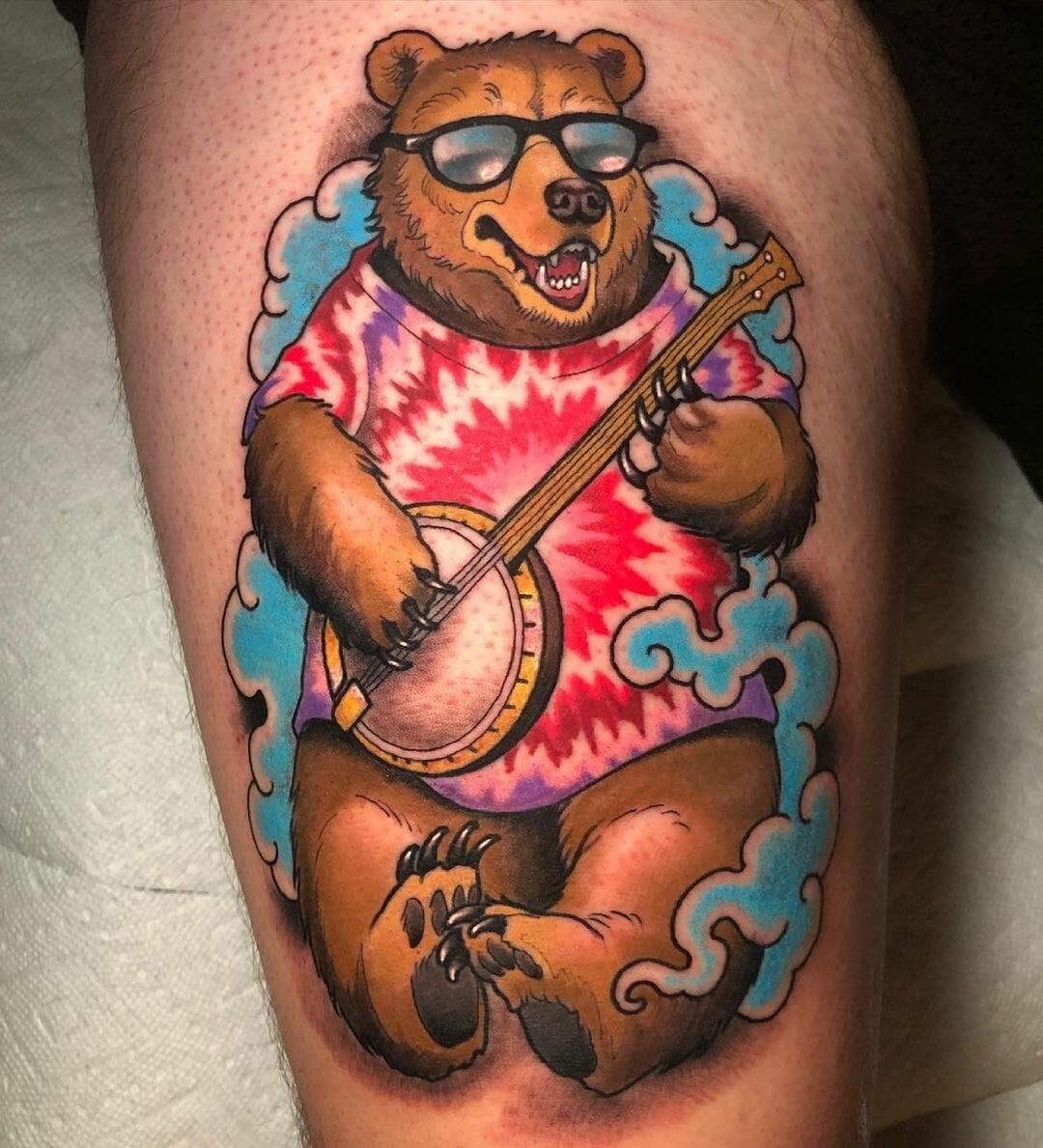 Colourful Banjo And Bear Tattoo