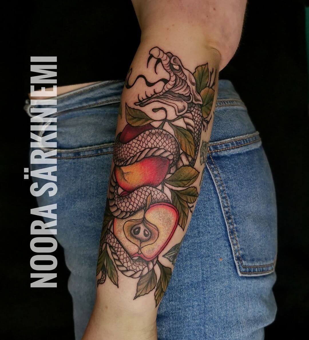 Traditional Forbidden Fruit With Serpent Tattoo Design