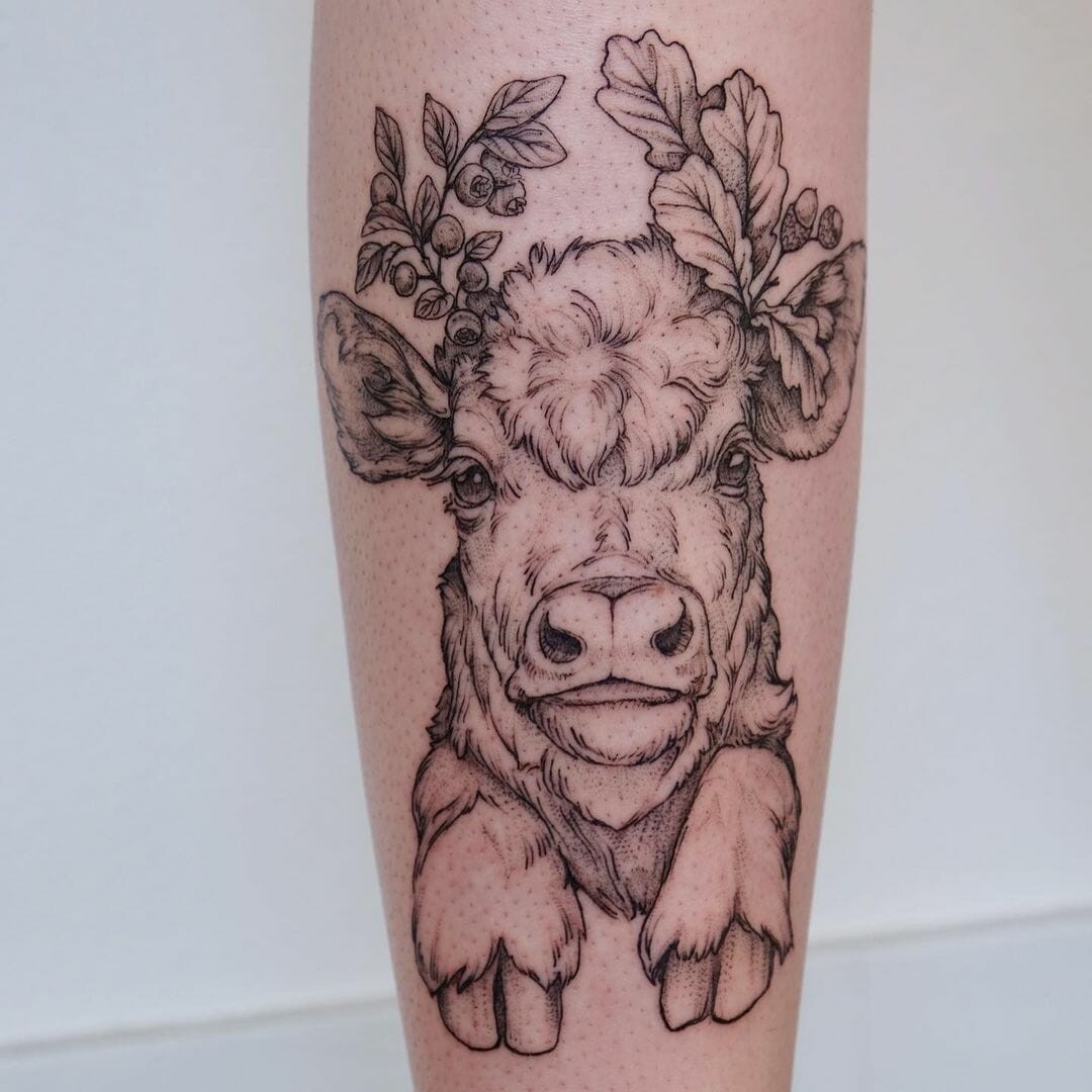 Big Blackwork Face Cow Tattoo