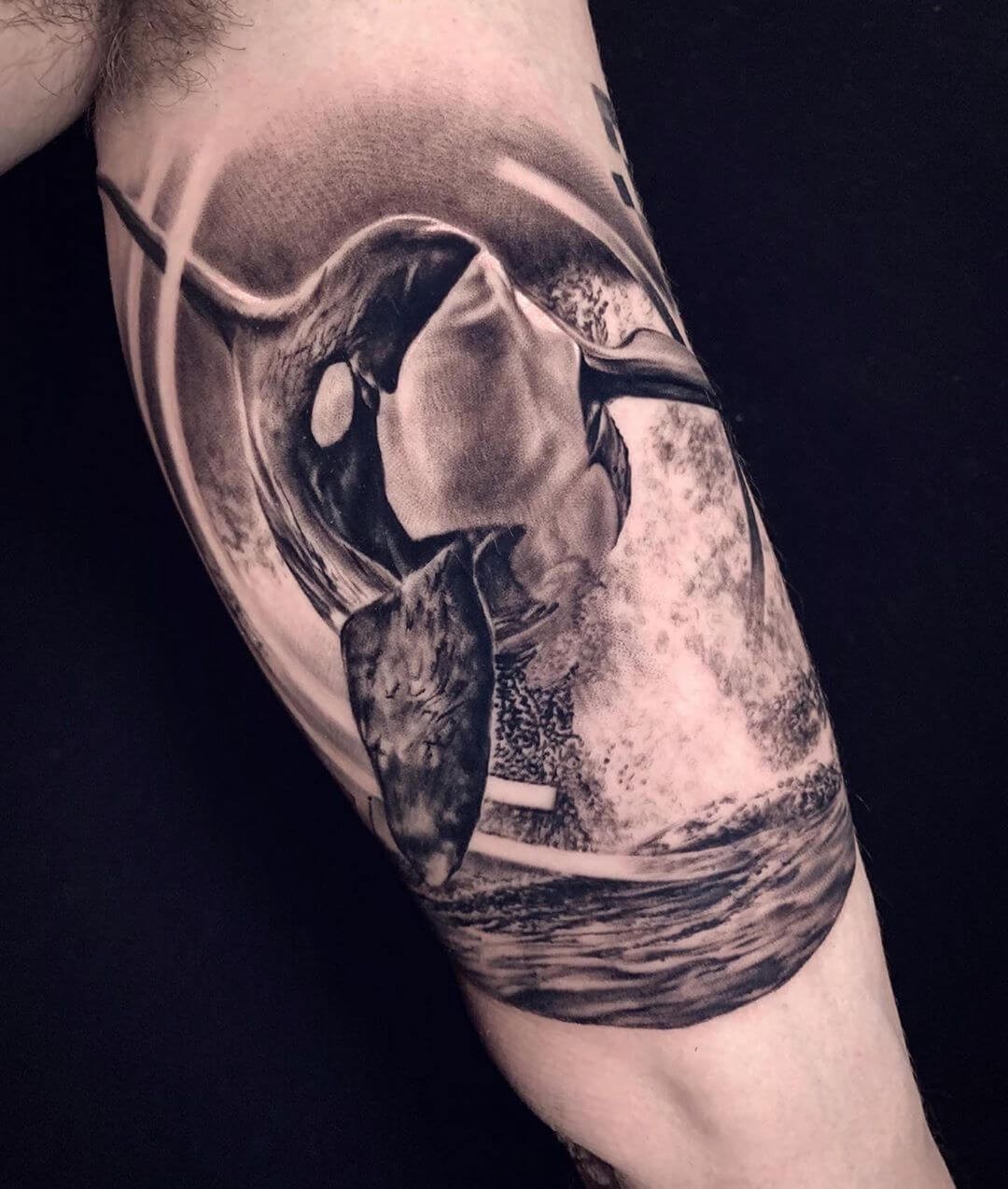 Incredibly Realistic Killer Whales Tattoo Jumping From Water Inner Arm Tattoo Whale Ideas