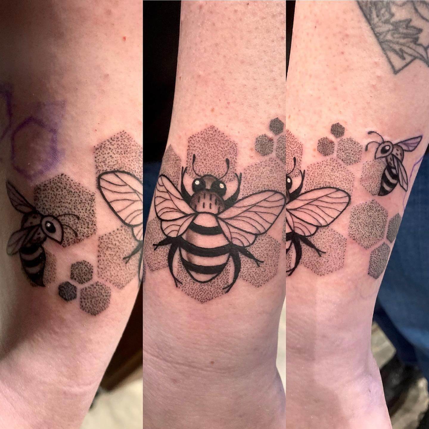 Cartoon Style Honeycomb And Bee Tattoo