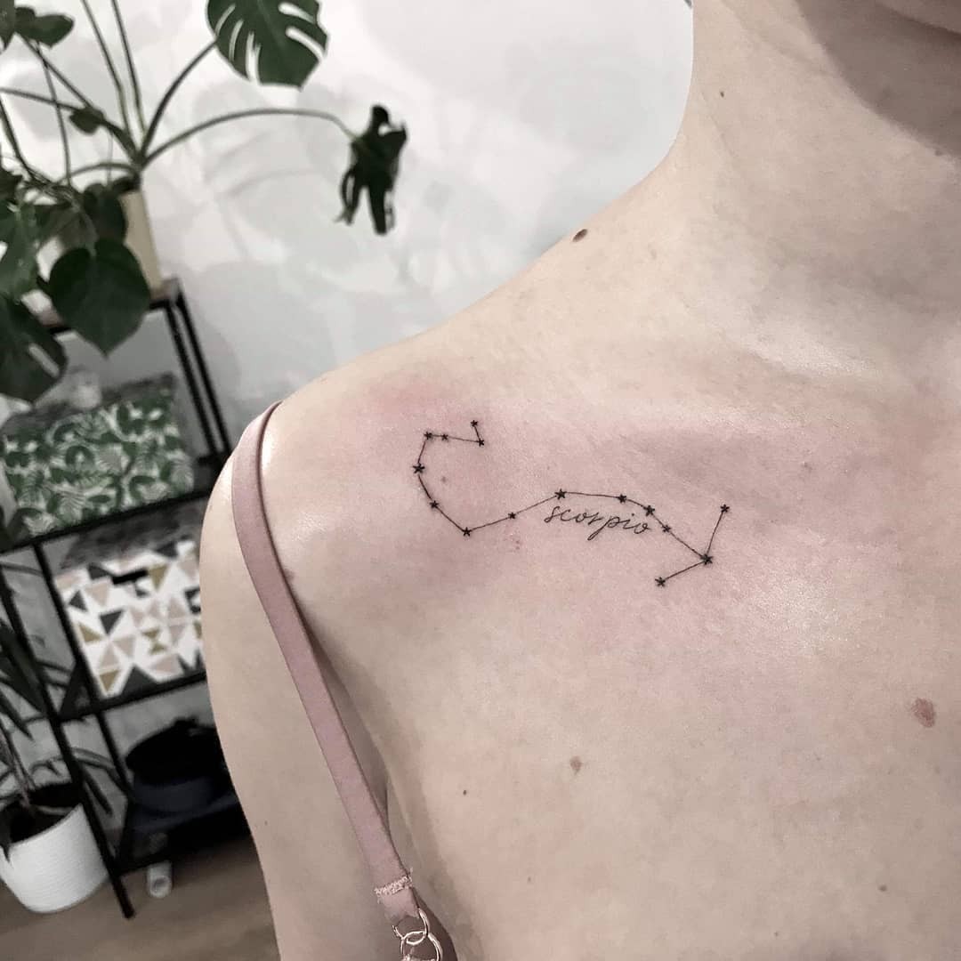 Black Ink Scorpio Tattoo Female Scorpio Constellation Tattoo Ideas Collarbone Placement