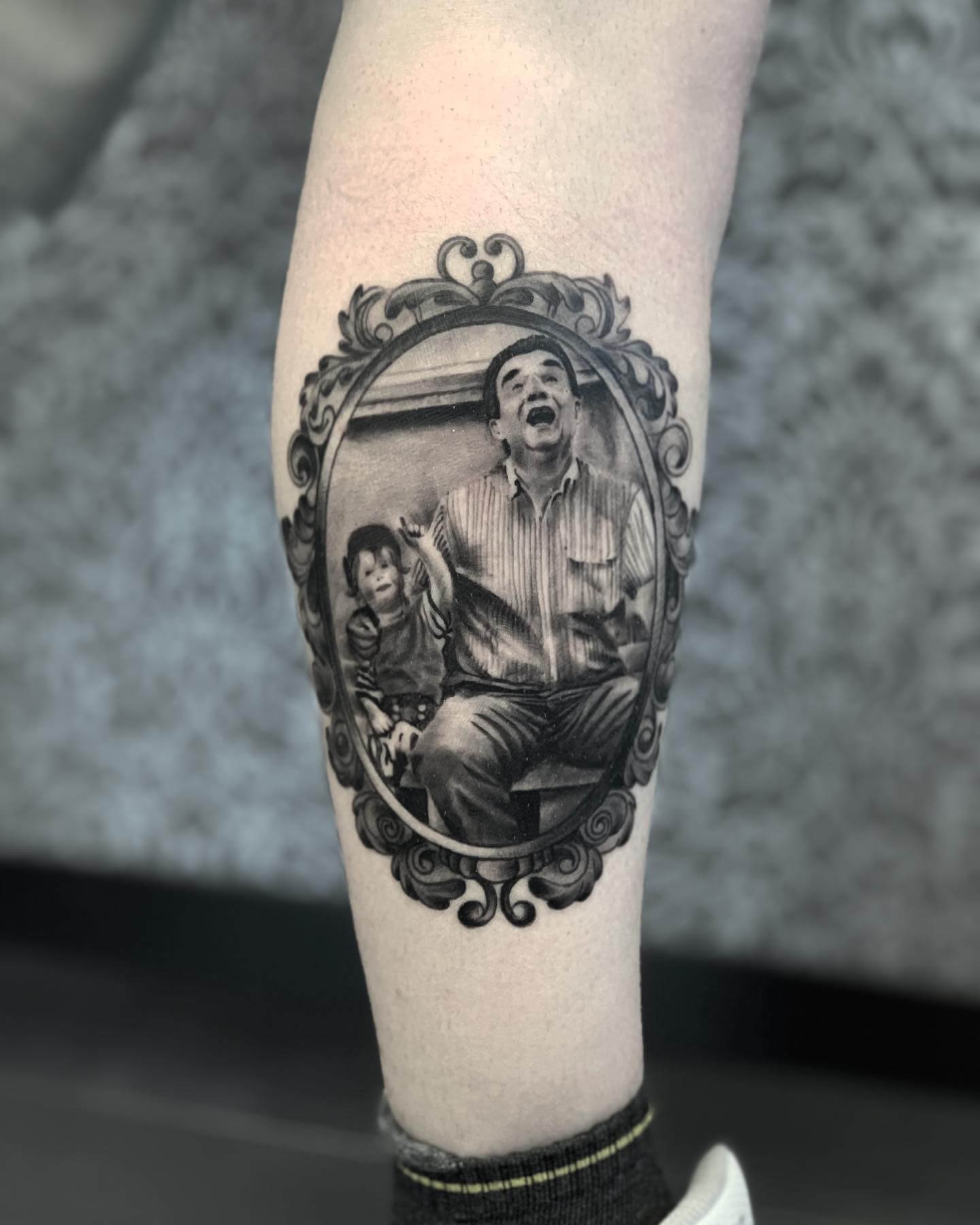 Grandfather And Nephew Portrait Tattoo Design