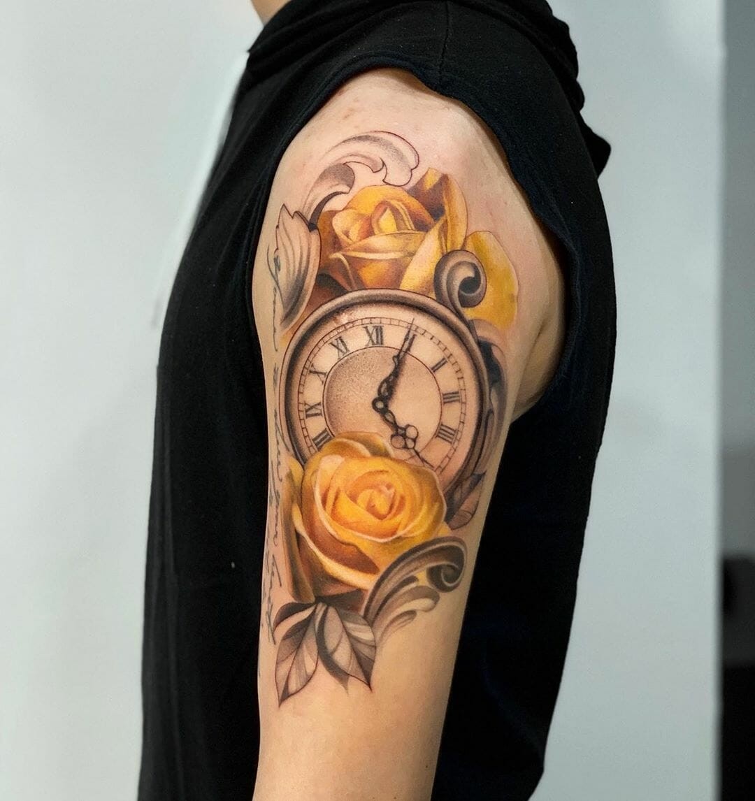 Men Ink Tattoo Roses And A Clock