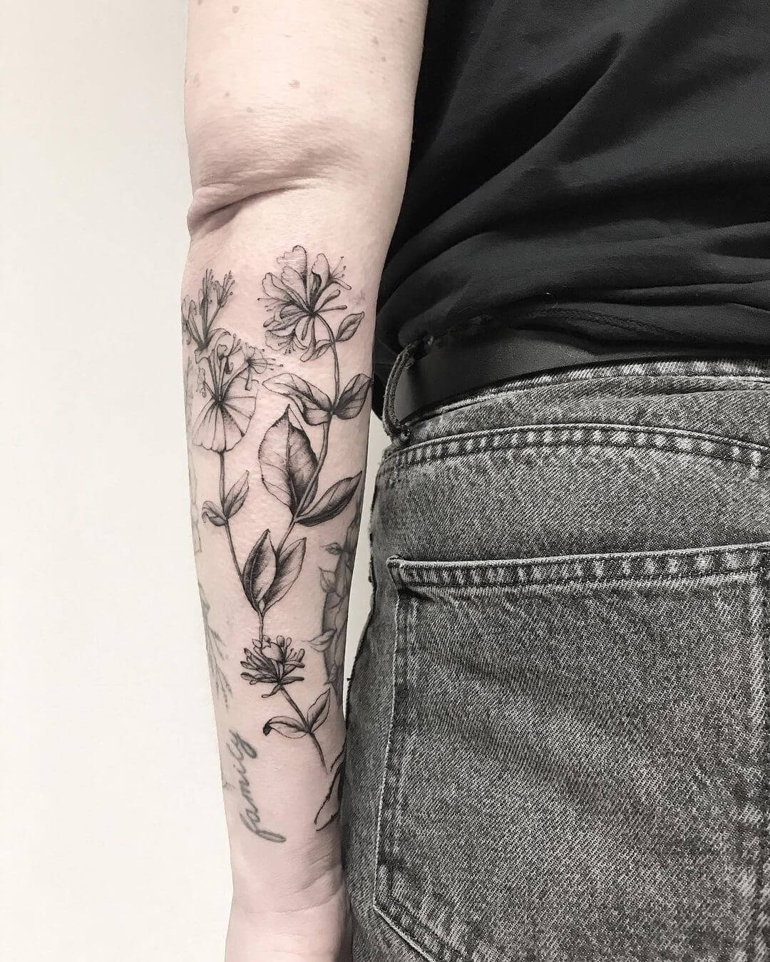 Forearm Honeysuckle Tattoo Black Ink