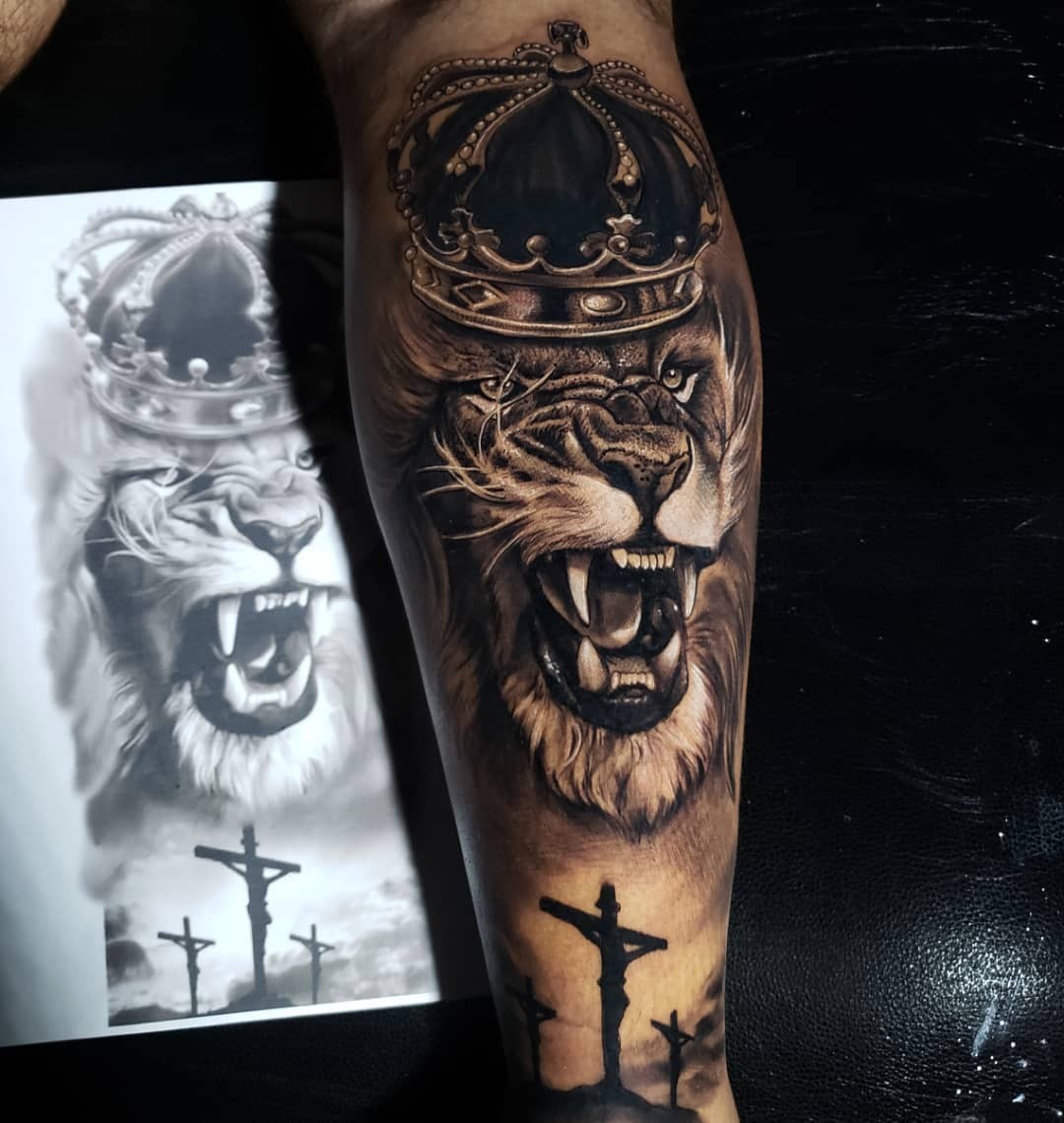 Roaring Lion With Crown Tattoo