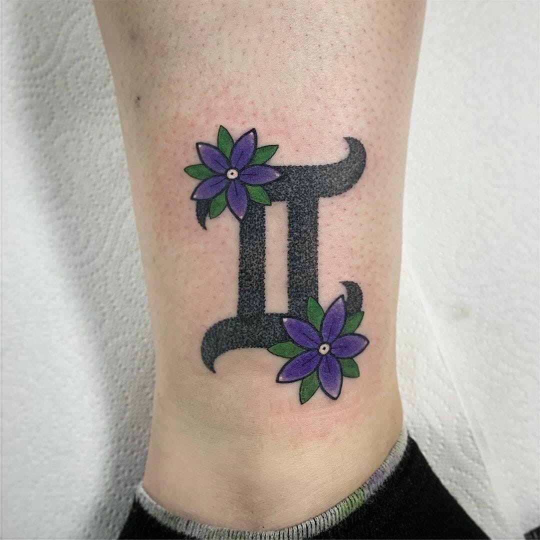 Gemini Tattoos With Flowers On Ankle