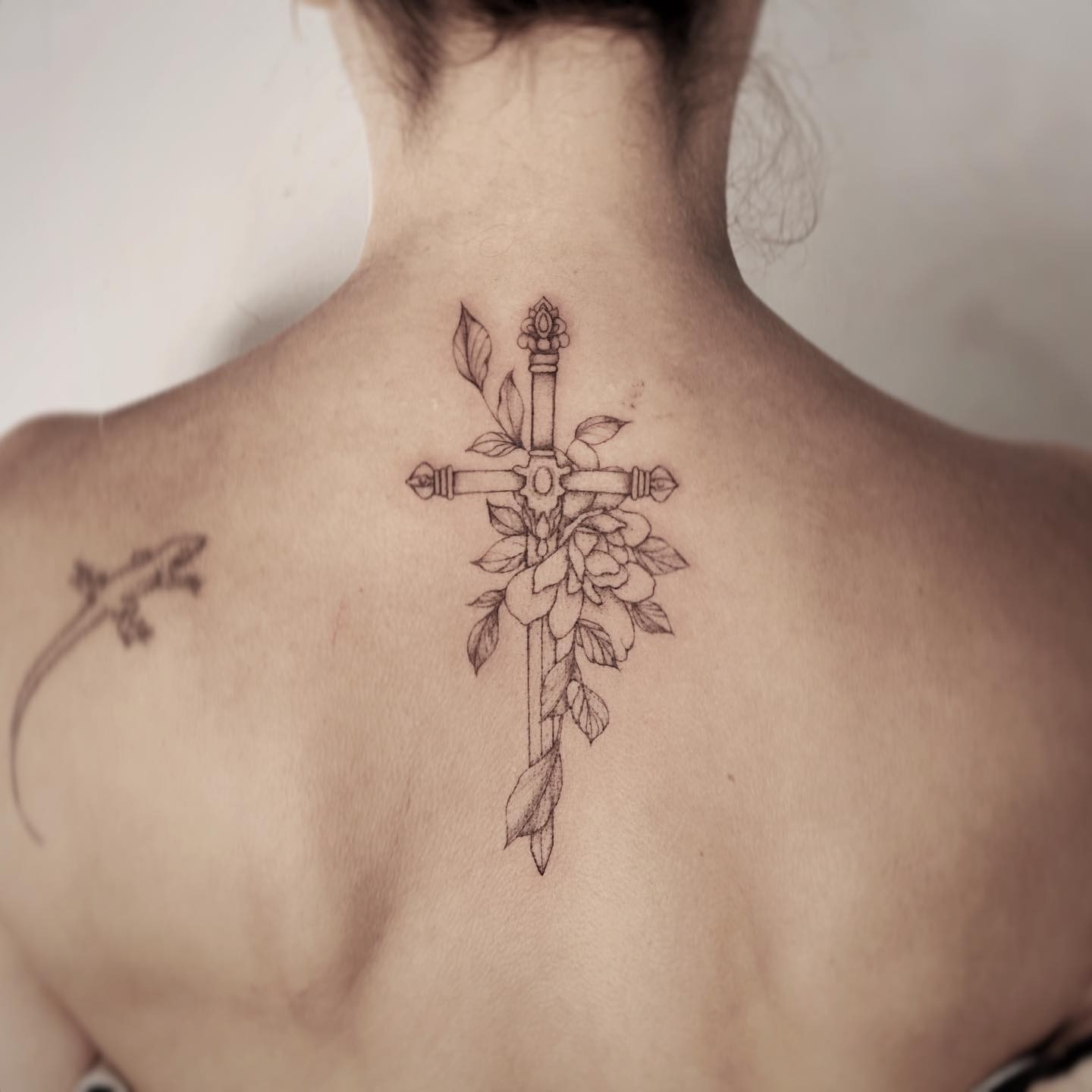 Sword Tattoo With Rose On Back