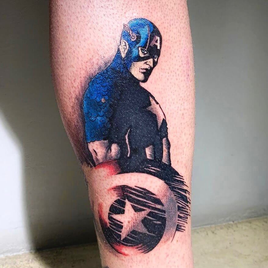 Leg Bright Blue Captain America Tattoo