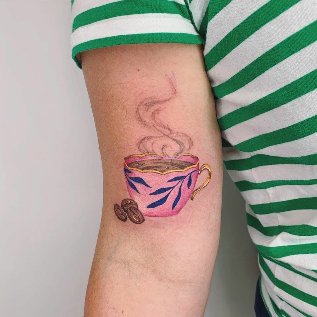 Colorful Ornamental Coffee Cup Tattoo Design