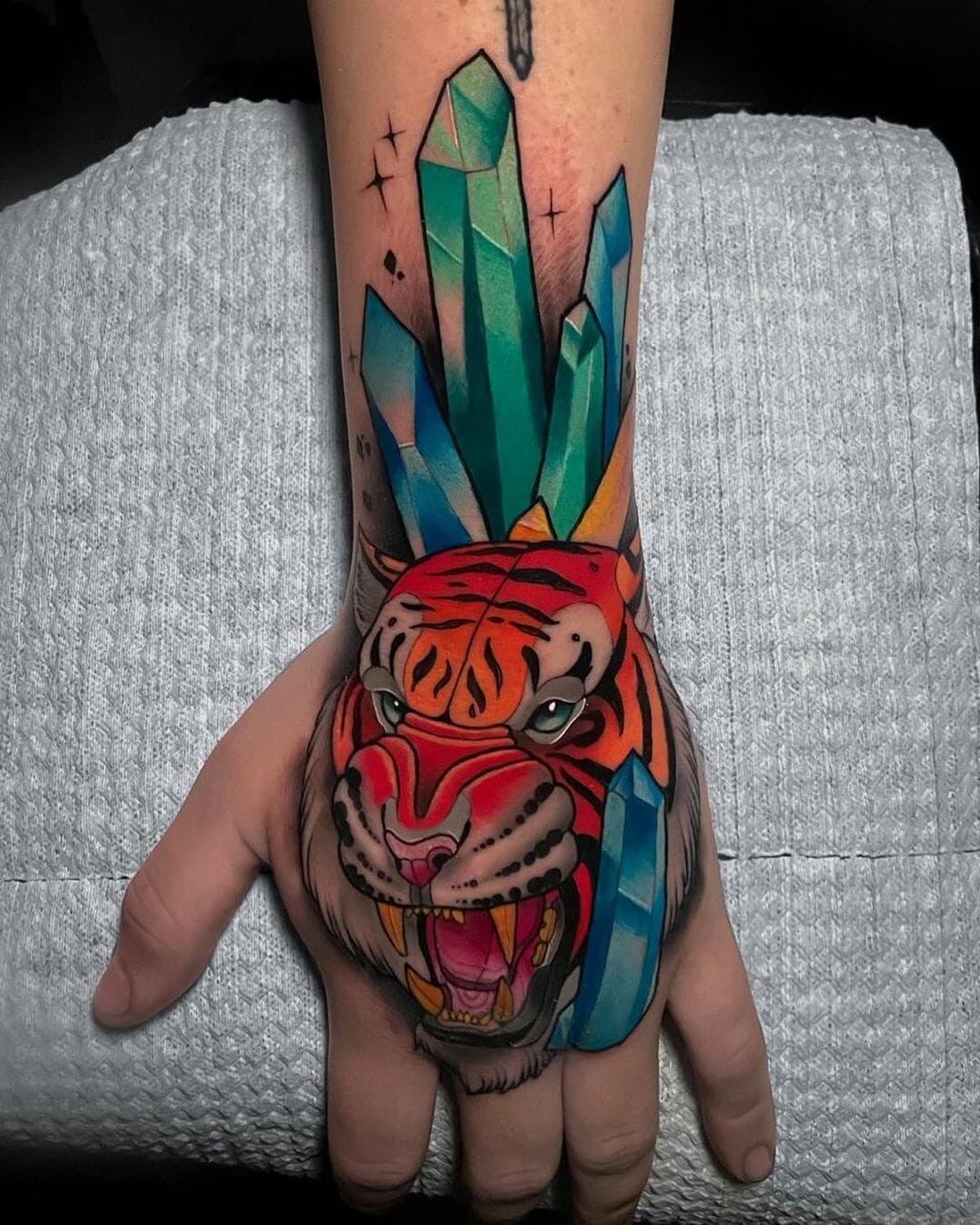 Bright Tiger with Blue and Green Crystals Tattoo