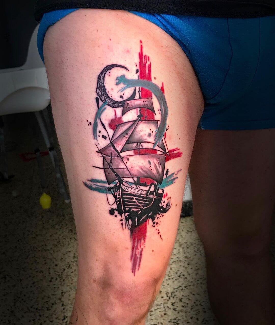 Dark Crescent Moon And Allegorical Sailboat Tattoo