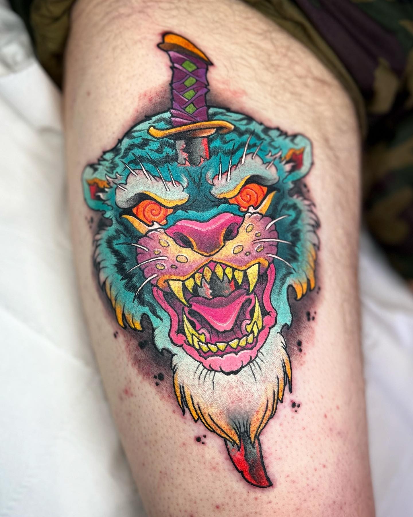 Vibrant Tiger Thigh Tattoo